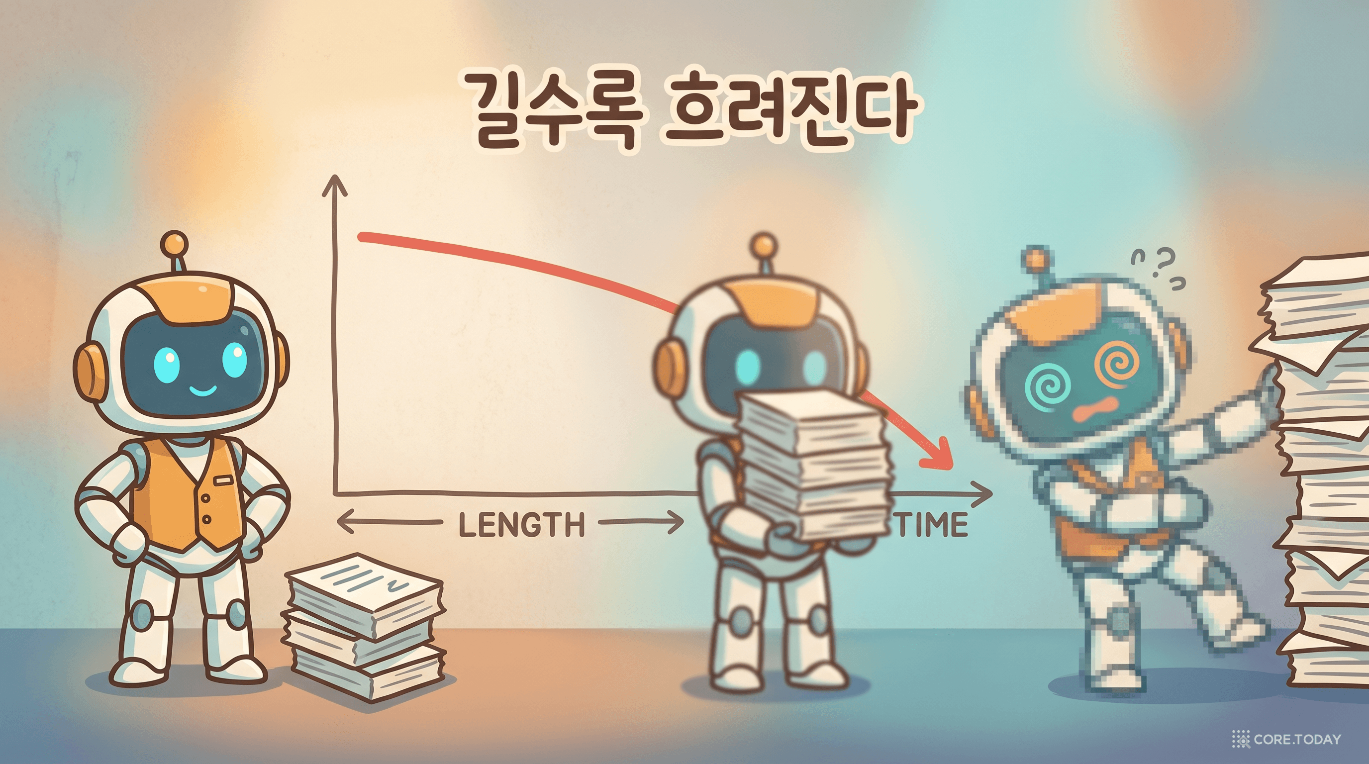 맥락이 길어질수록 또렷하던 AI가 흐릿하고 어지러워지는 모습