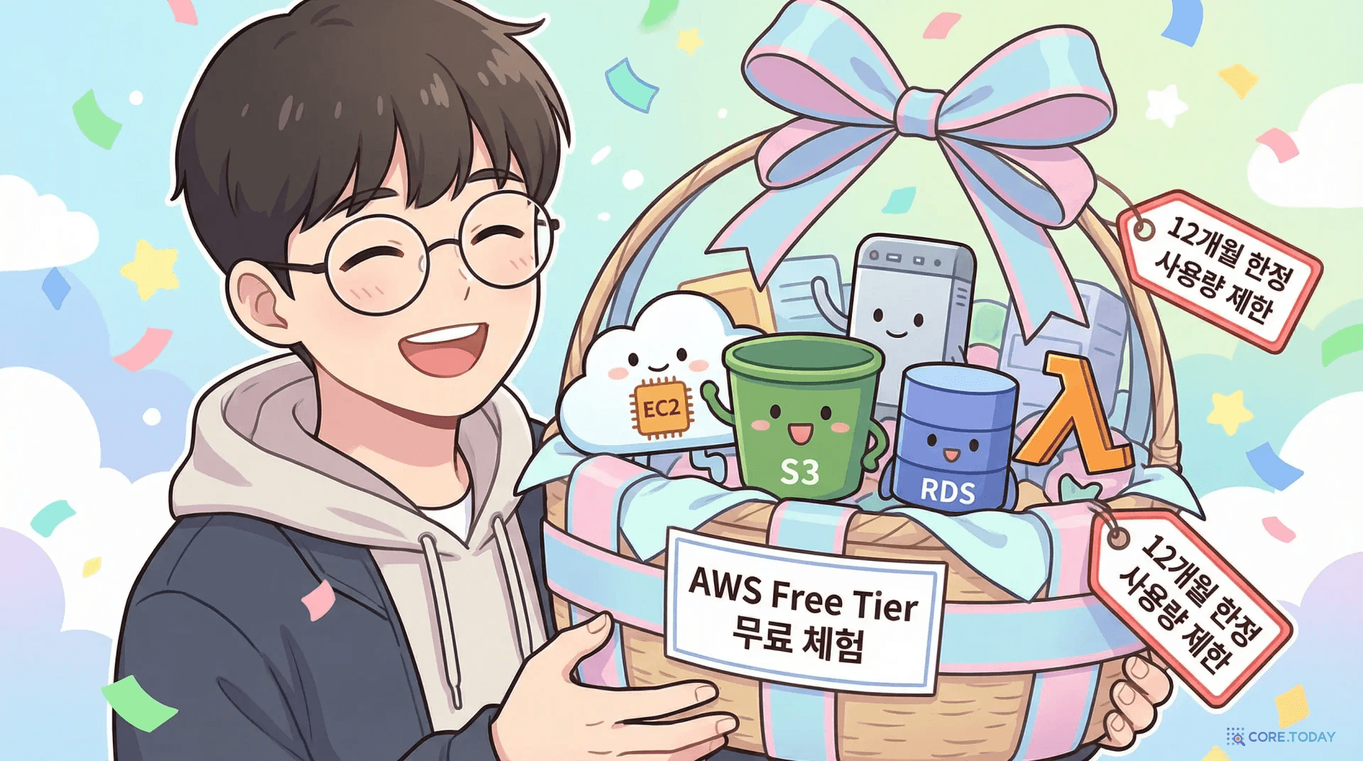 리본이 달린 환영 선물 바구니에 EC2, S3, Lambda 등 AWS 서비스 미니어처가 담겨있지만 사용량 제한 주의 태그가 붙은 일러스트
