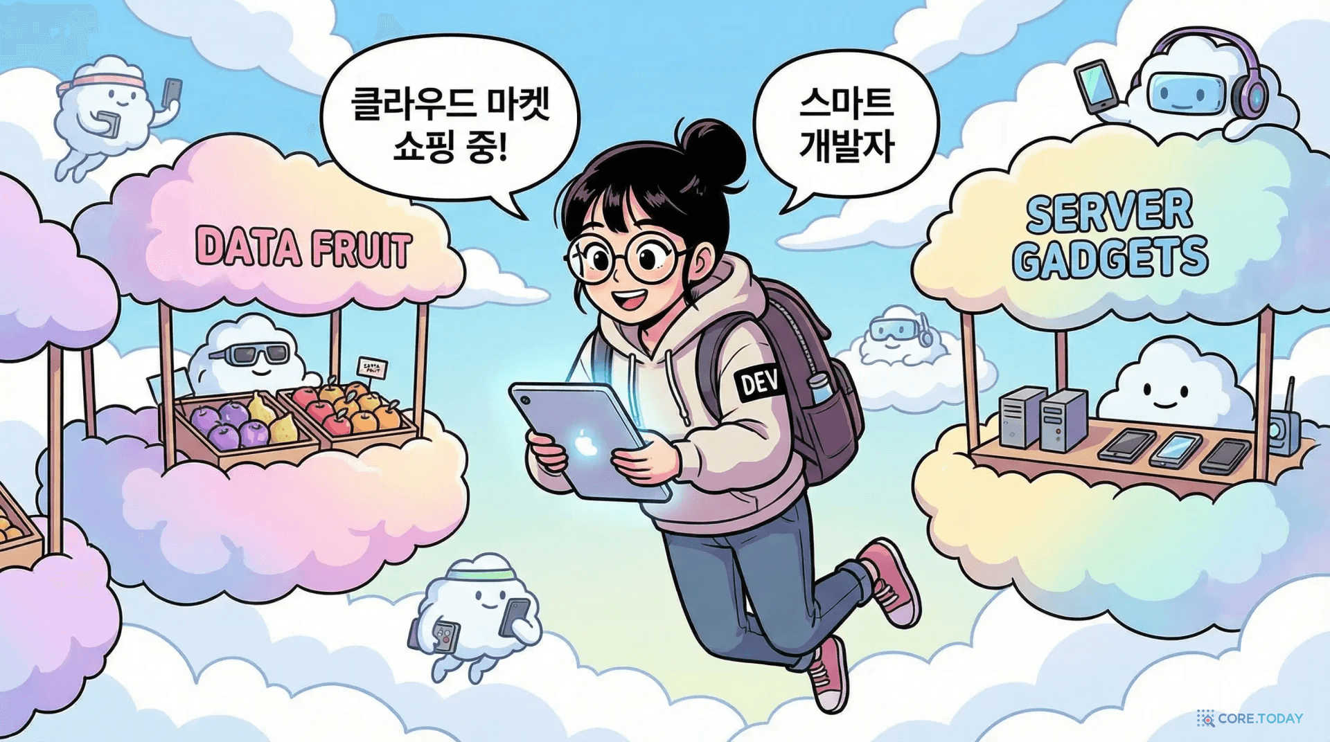 계산기와 돋보기를 들고 클라우드 서비스 슈퍼마켓에서 할인 상품을 비교하며 알뜰 쇼핑하는 개발자 일러스트