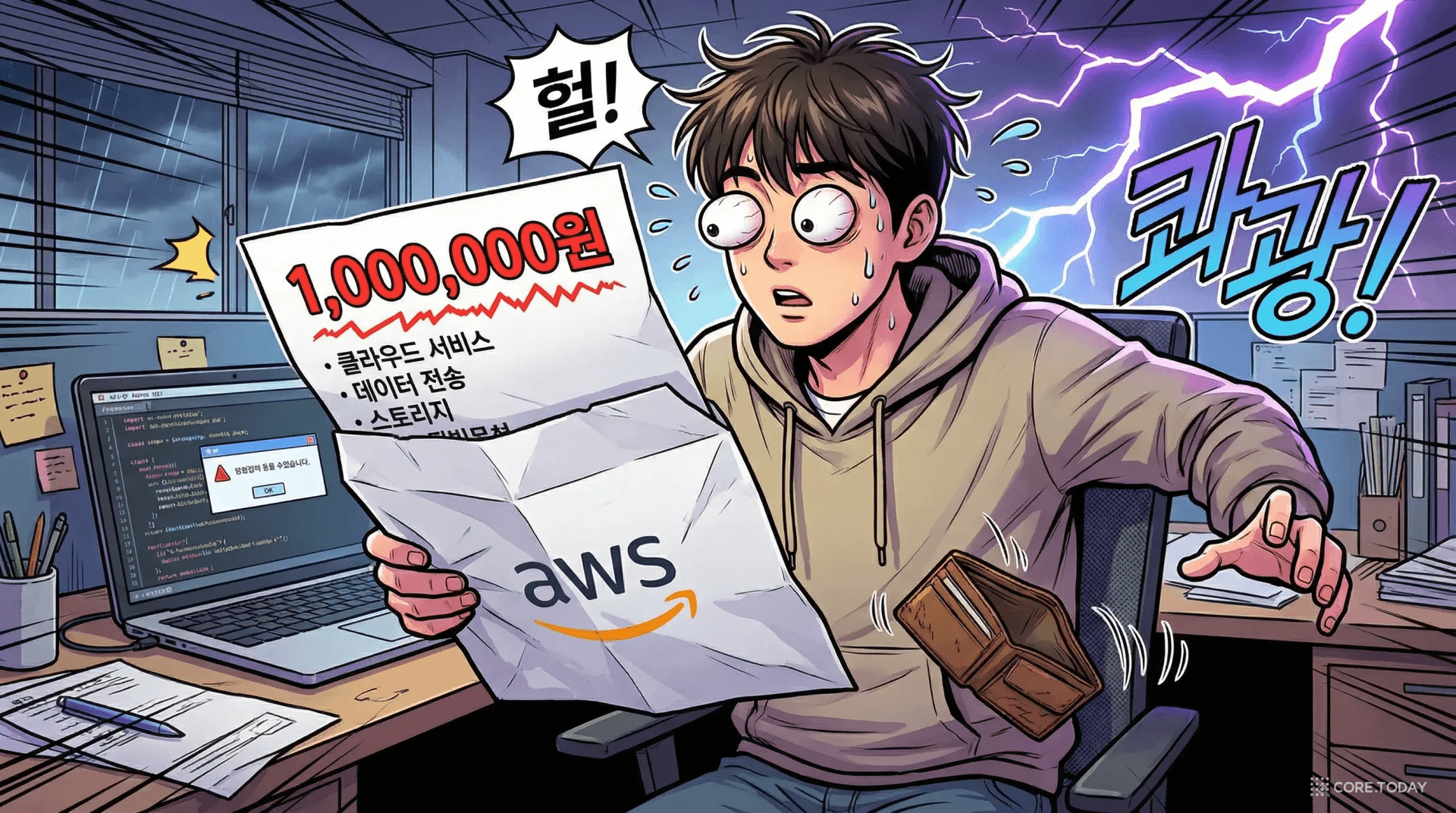 AWS 청구서 봉투를 열어본 개발자가 100만원 금액에 눈이 튀어나올 정도로 놀라는 코믹한 일러스트