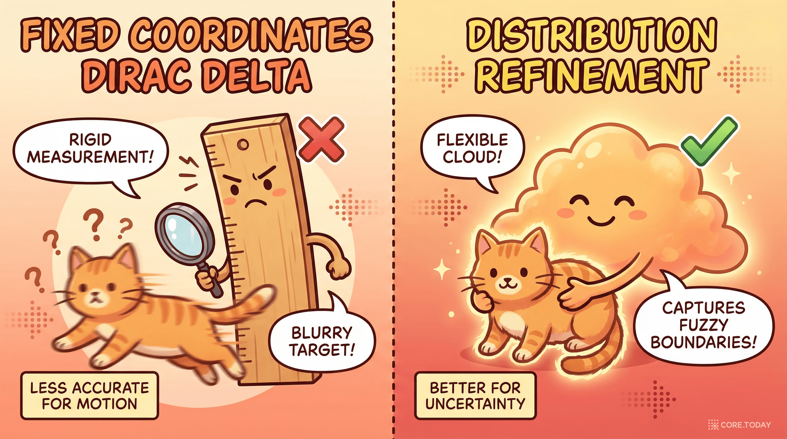 고정 좌표(디랙 델타)와 확률 분포 방식의 비교. 고정 좌표는 딱딱한 자로 흐릿한 경계를 재려 하고, 확률 분포는 부드럽게 불확실성을 감싸안는다