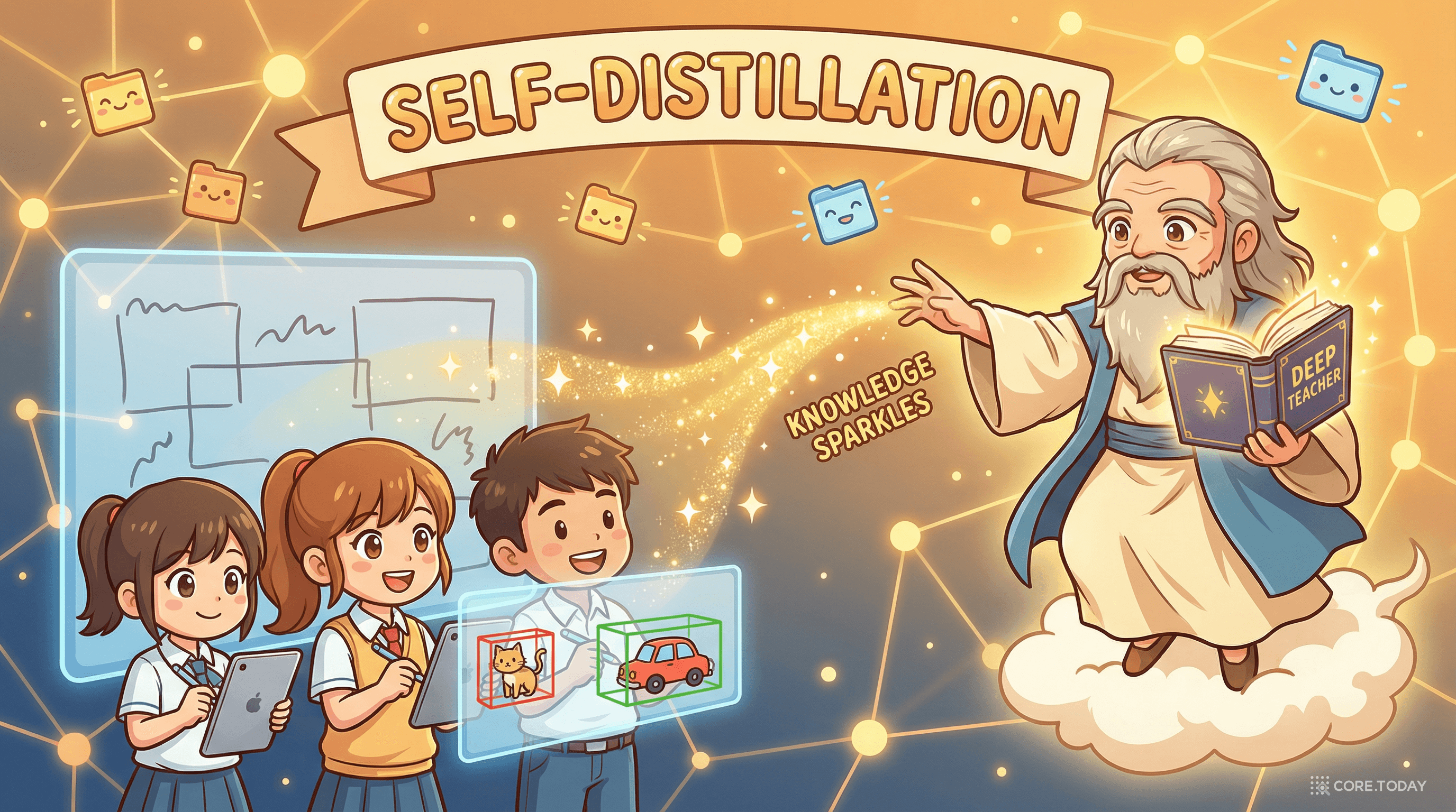 GO-LSD의 자기 증류 개념: 같은 네트워크 안에서 깊은 레이어(선생님)가 얕은 레이어(학생)에게 위치 정보를 가르친다