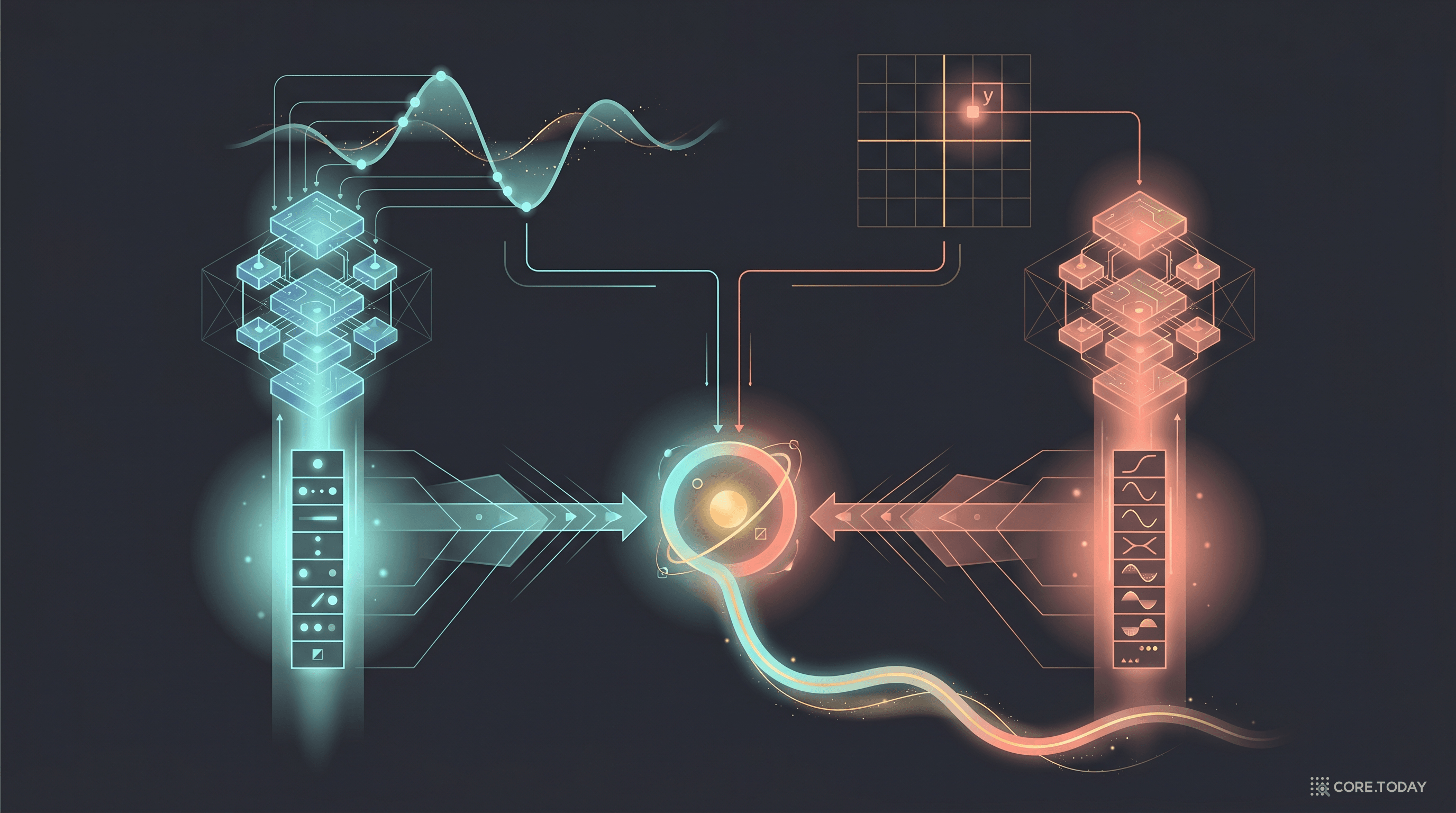 DeepONet의 이중 구조 — 왼쪽 Branch Net이 입력 함수의 센서 샘플을 계수 벡터로 인코딩하고, 오른쪽 Trunk Net이 평가 좌표를 기저 함수로 변환한 뒤, 중앙의 내적 노드에서 만나 최종 출력이 된다