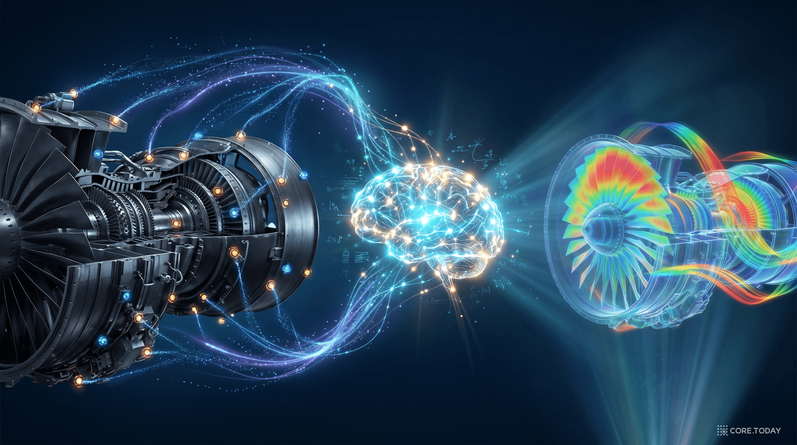 디지털 트윈의 실시간 두뇌 — 왼쪽 실제 엔진의 센서 데이터 스트림이 중앙의 신경망으로 모이고, 오른쪽에서 전체 물리 상태(열·응력장)가 3D 홀로그램으로 재구성된다