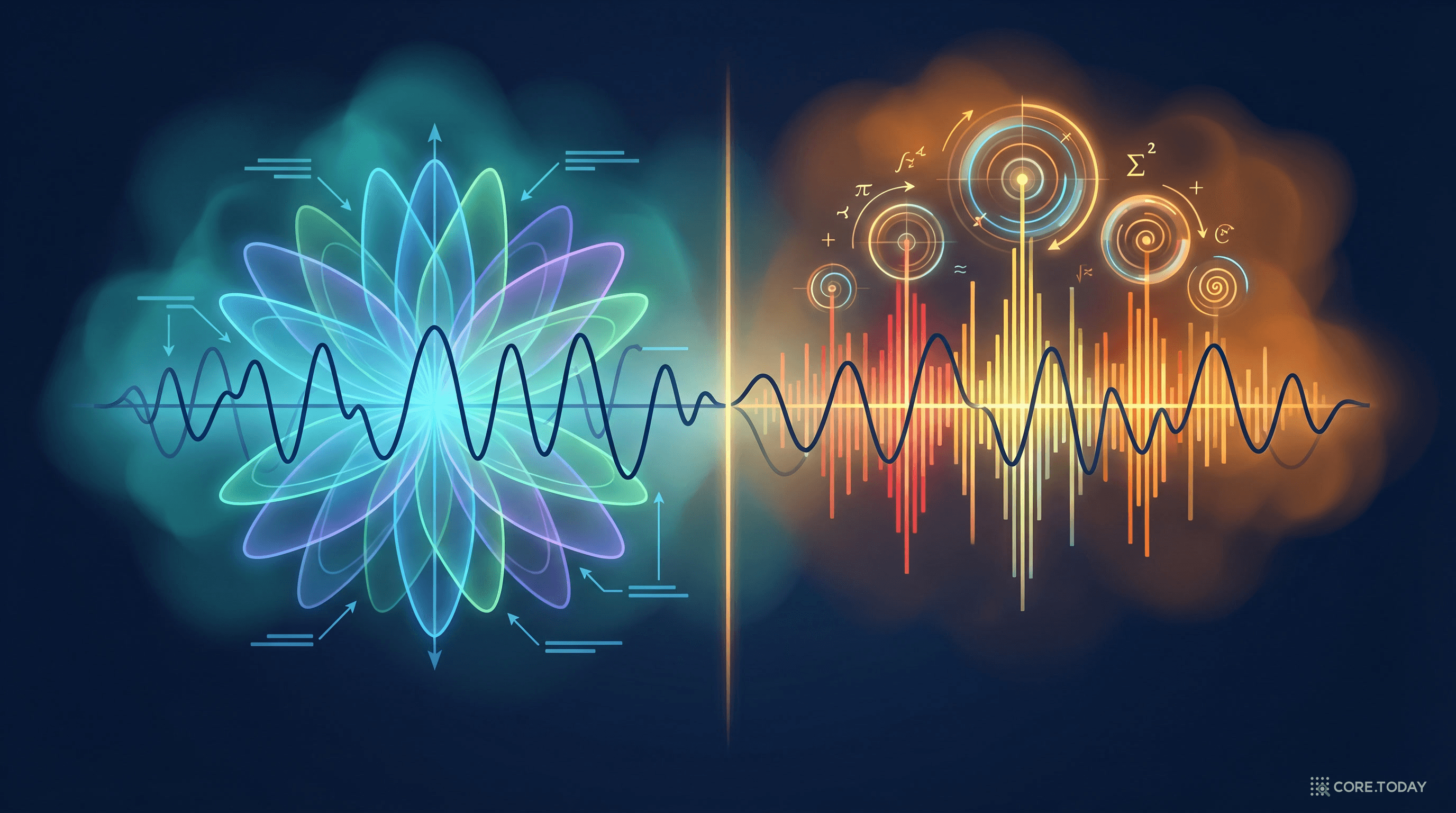 DeepONet vs FNO — 왼쪽은 함수를 학습된 기저 꽃잎으로 분해하는 DeepONet의 관점, 오른쪽은 함수를 주파수 바와 푸리에 휠로 분해하는 FNO의 관점