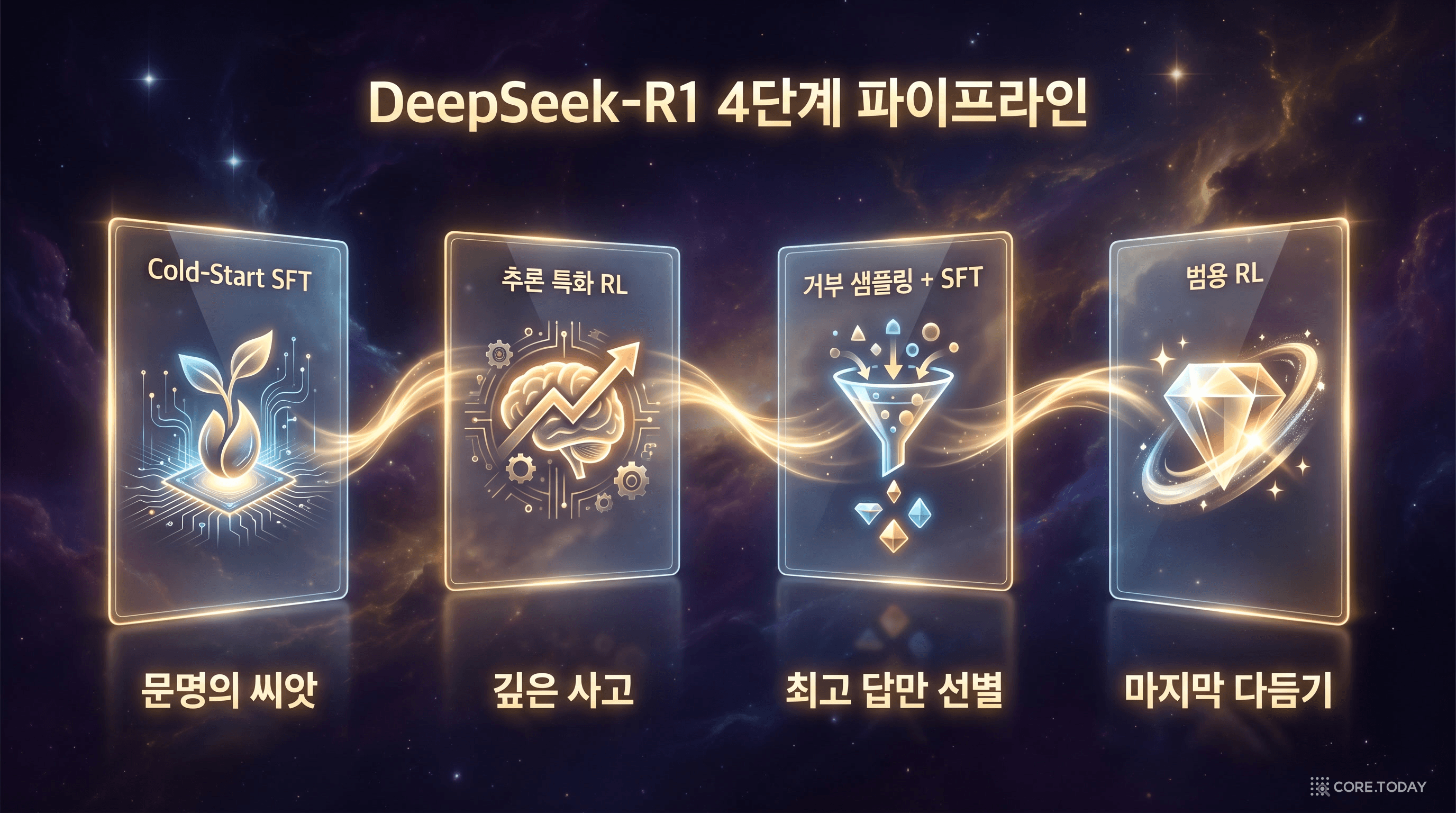 R1의 4단계 파이프라인 — 문명의 씨앗 → 깊은 사고 → 최고 답 선별 → 마지막 다듬기