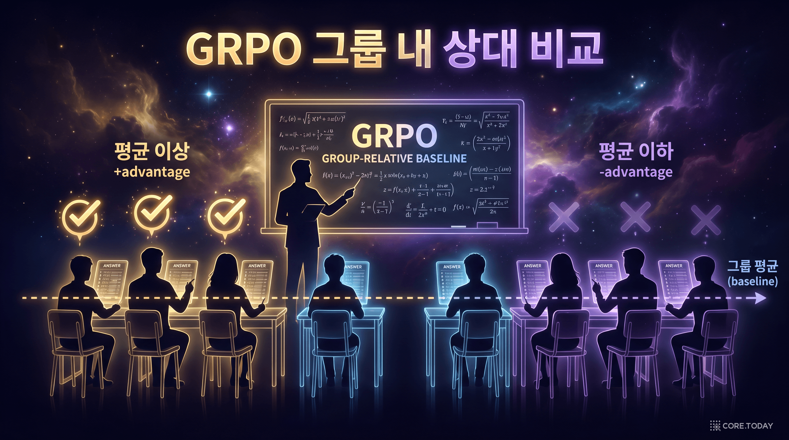 GRPO 그룹 상대 비교 — 같은 문제에 64개 답변을 생성하고 평균을 기준으로 우열을 가린다