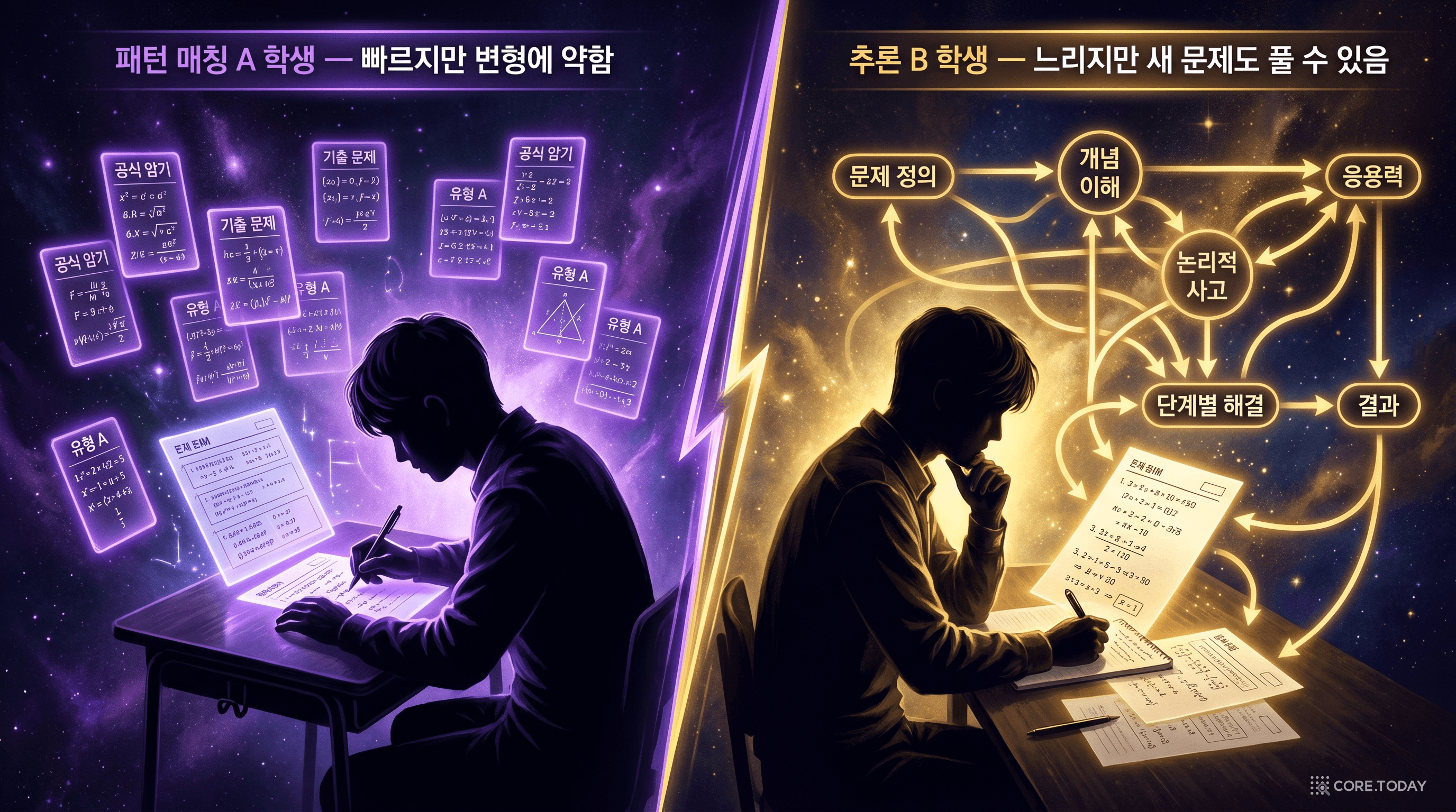 패턴 매칭 A학생 vs 추론 B학생 — 암기에 의존 vs 단계별 풀이