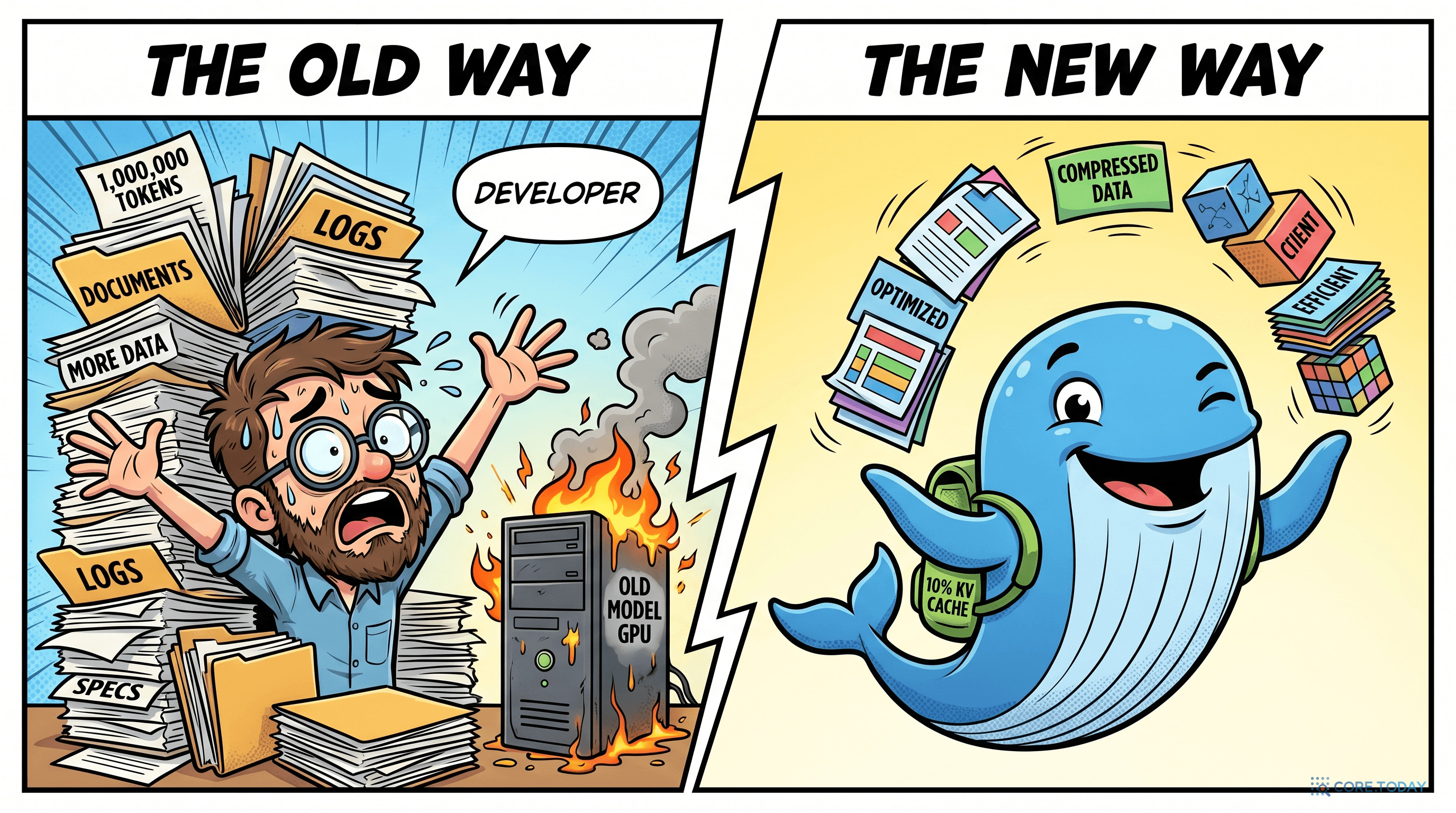 1M 토큰의 무게 — 옛 모델은 종이 산에 깔리고, V4 고래는 압축 블록 10%만으로 쉽게 처리한다