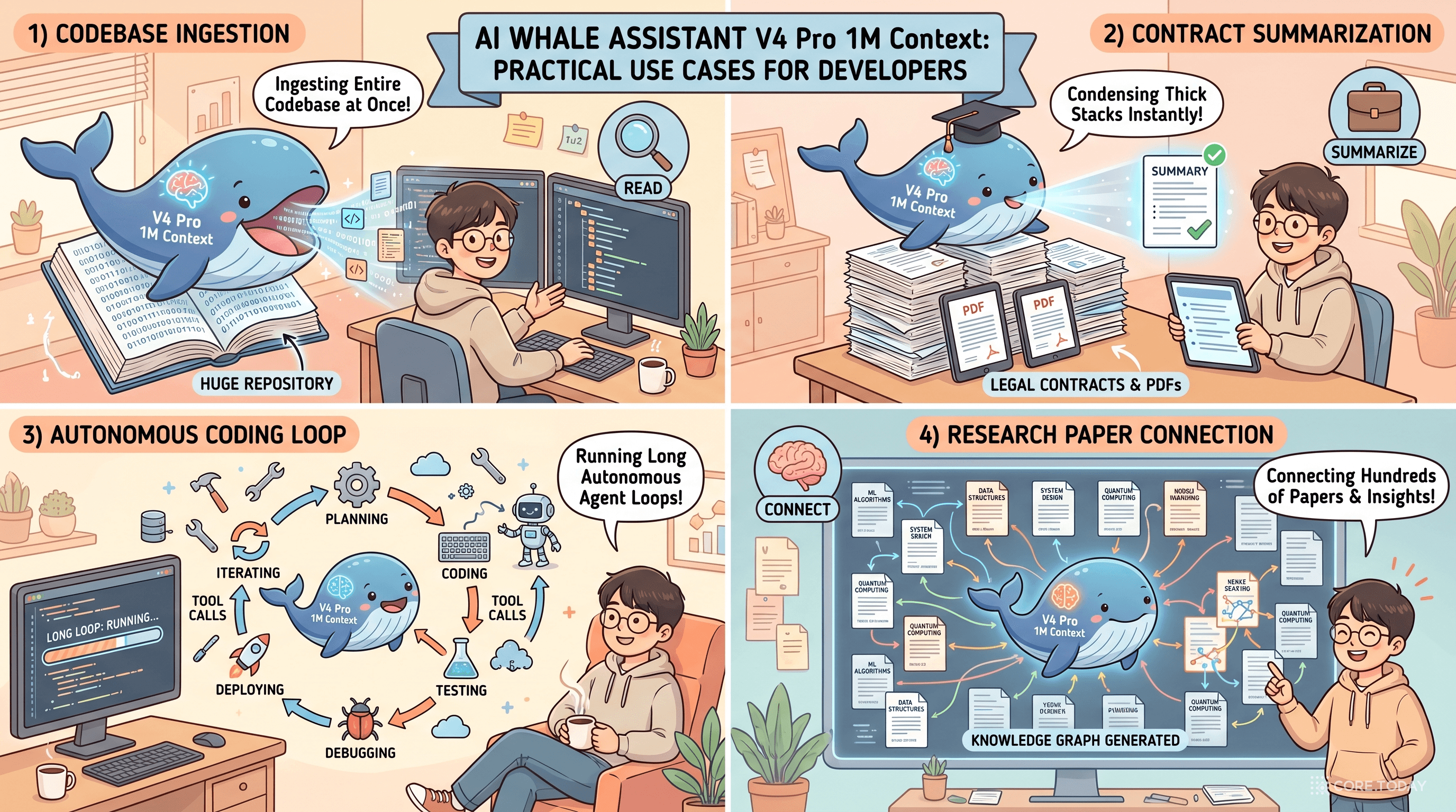 V4 Pro 1M 컨텍스트의 4가지 실무 시나리오 — 전체 코드베이스, 계약서 더미, 에이전트 루프, 논문 네트워크