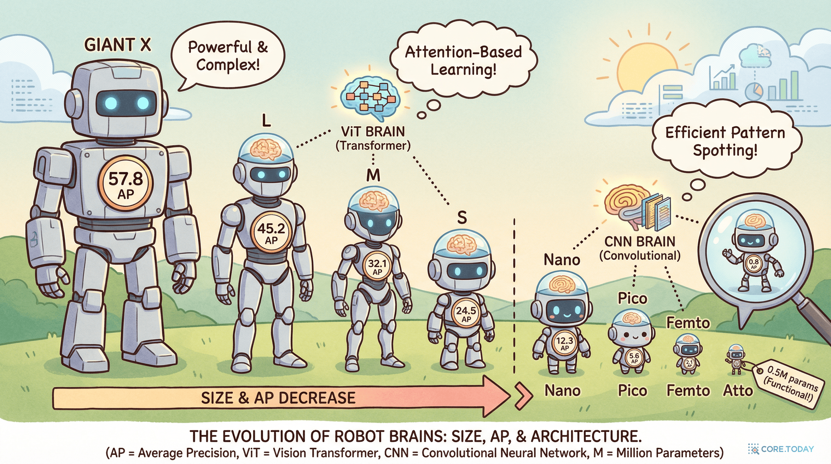DEIMv2의 8가지 스케일 변형을 보여주는 일러스트: 거대한 X부터 초소형 Atto까지