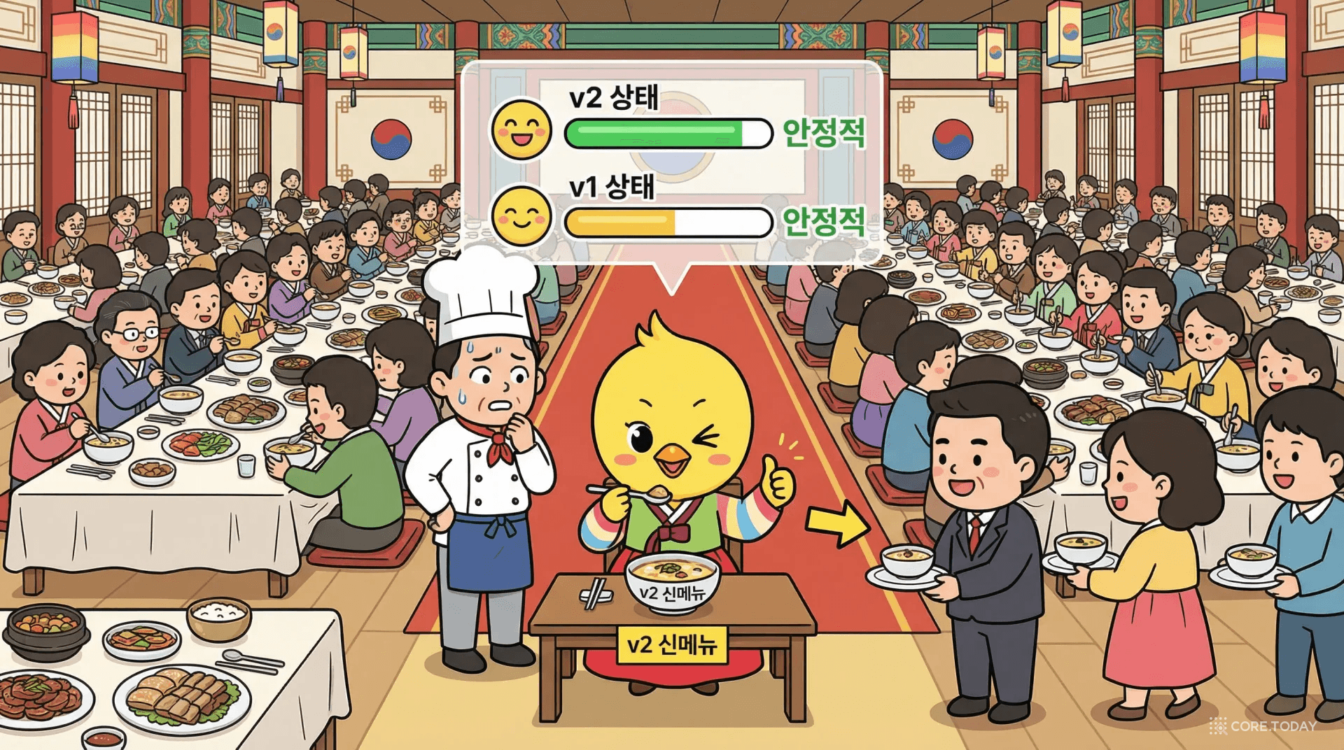 카나리 배포를 연회 시식 담당자에 비유한 일러스트