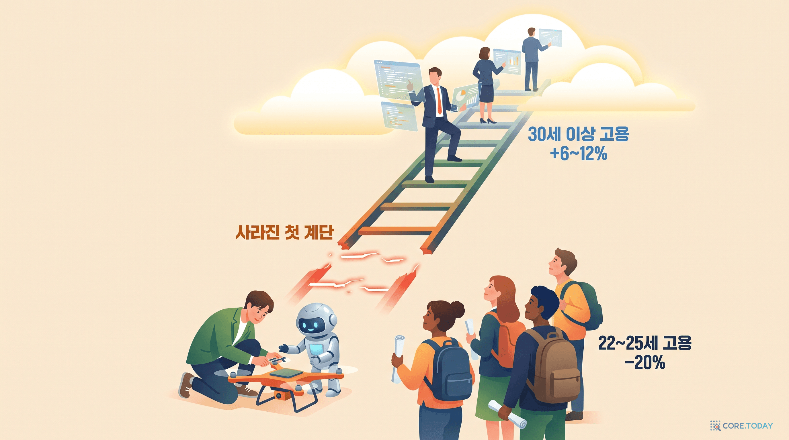 사라진 첫 계단 — 22~25세 고용 -20%, 30세 이상 +6~12%