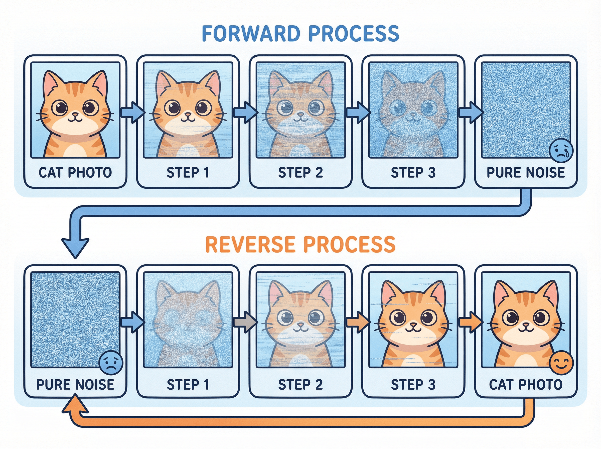 디퓨전 모델의 정방향(노이즈 추가)과 역방향(노이즈 제거) 과정