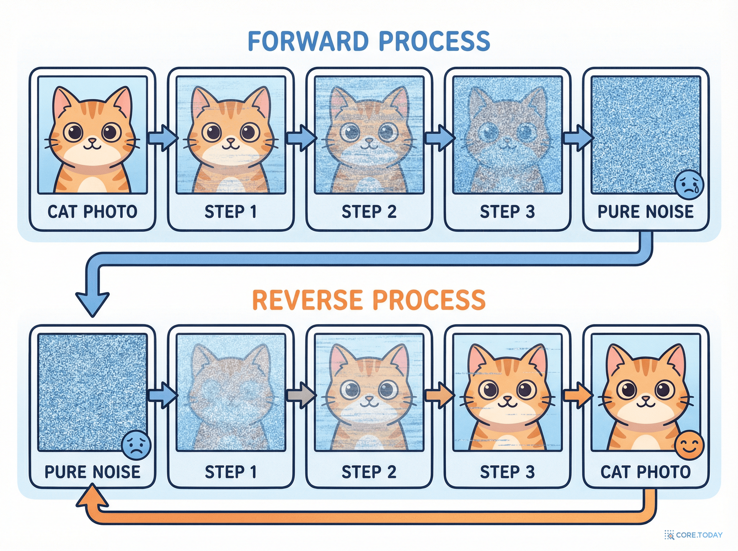 디퓨전 모델의 정방향(노이즈 추가)과 역방향(노이즈 제거) 과정
