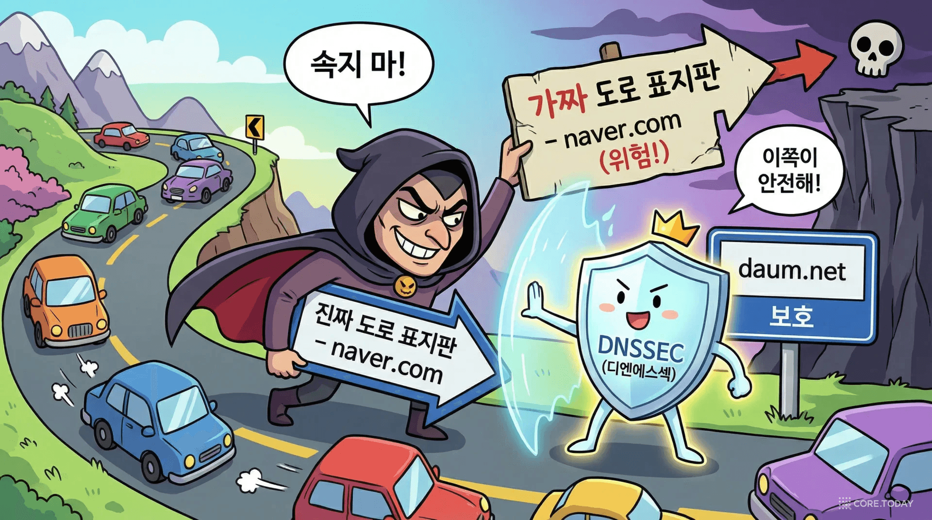 DNS 스푸핑 공격을 가짜 도로 표지판으로 비유한 일러스트 — 악당이 진짜 표지판을 바꿔치기하고 DNSSEC 방패가 지키는 모습