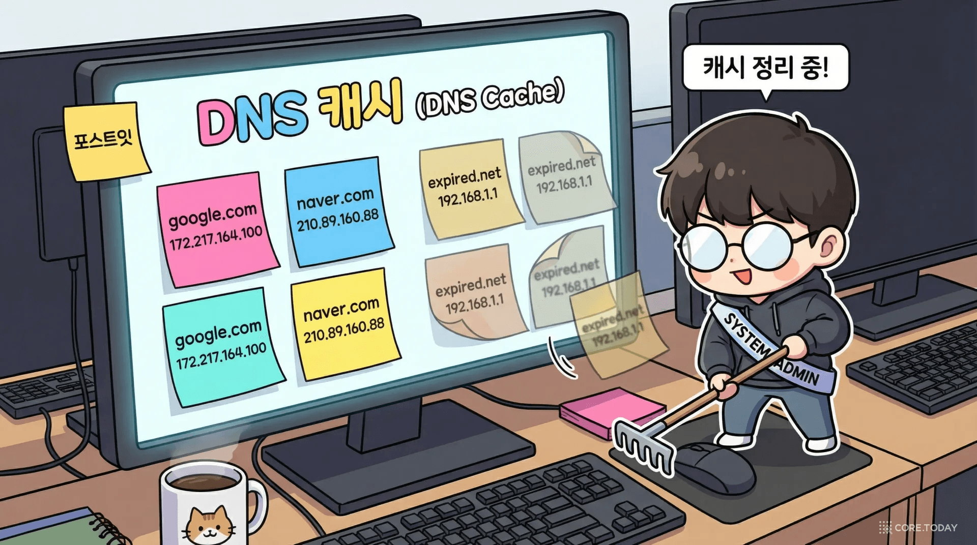 DNS 캐시를 모니터에 붙인 포스트잇에 비유한 일러스트 — 유효한 메모는 선명하고, 만료된 TTL은 흐릿하게 벗겨지는 모습