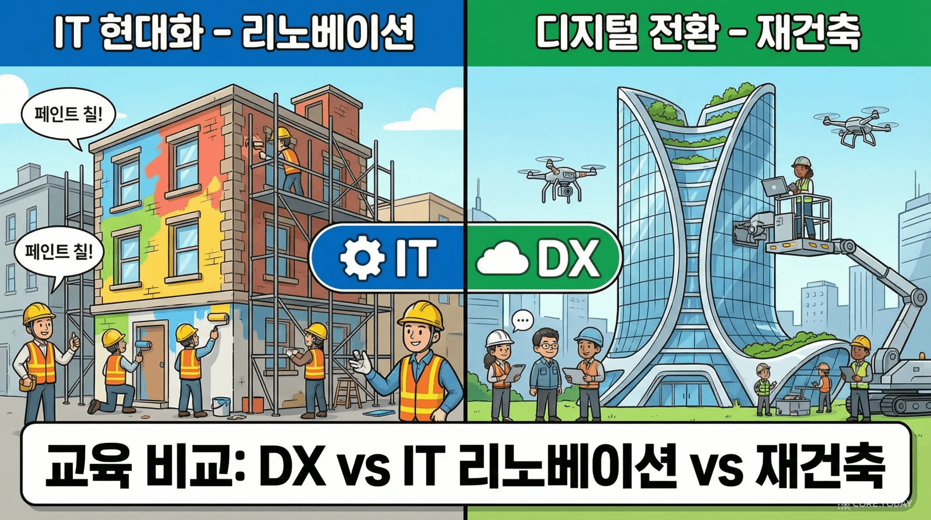 IT 현대화(리모델링)와 DX(완전 신축)를 나란히 비교하는 건설 현장