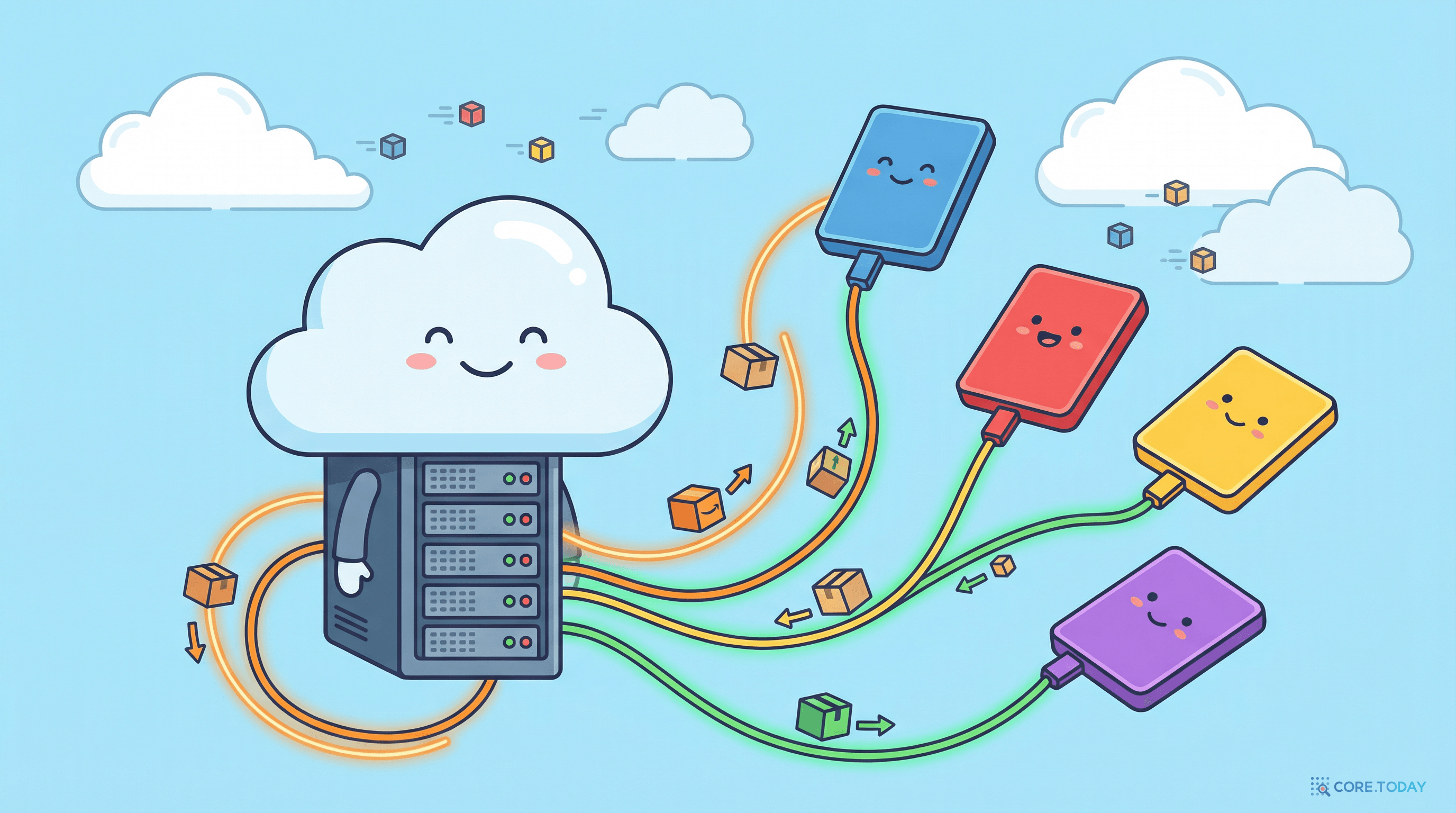 클라우드 서버에 네트워크로 연결된 가상 하드디스크들을 표현한 일러스트