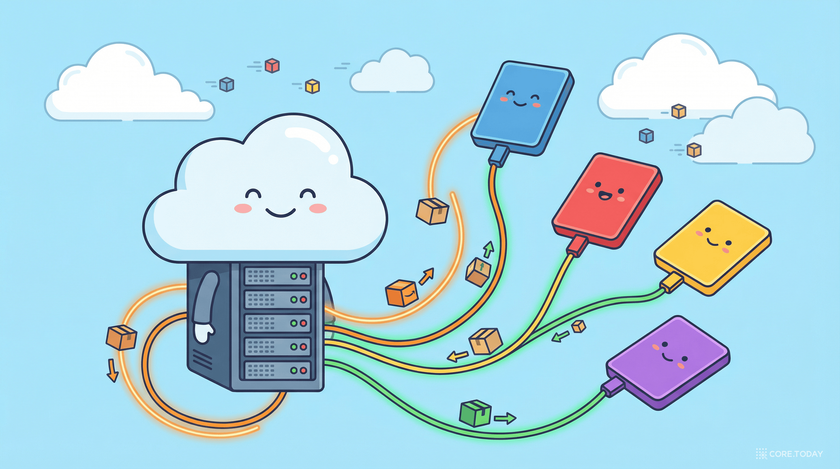 클라우드 서버에 네트워크로 연결된 가상 하드디스크들을 표현한 일러스트