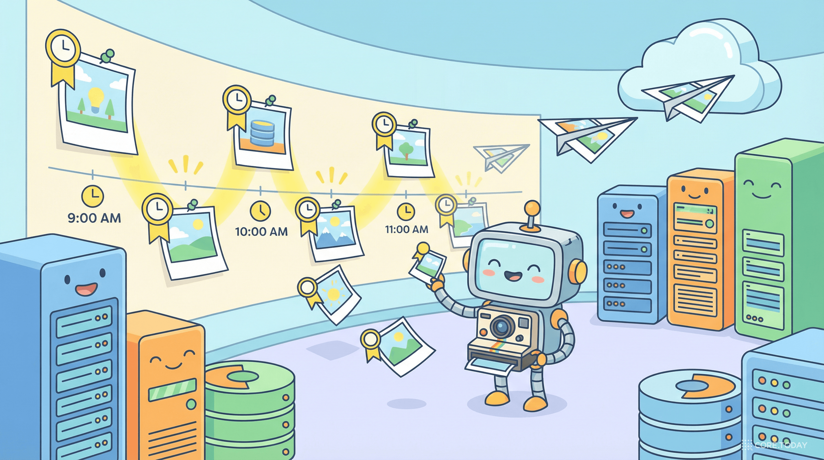 로봇이 서버 데이터의 폴라로이드 사진을 찍어 타임라인에 정리하는 모습 — EBS 스냅샷의 시점별 백업 개념을 표현한 일러스트