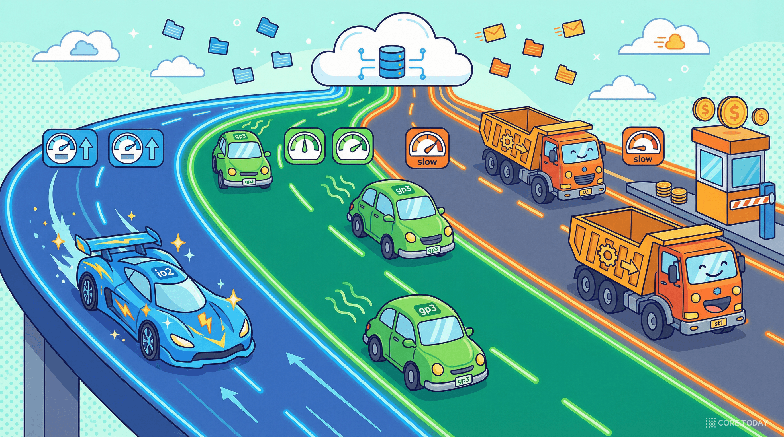 EBS 볼륨 타입을 고속도로의 다른 차선으로 비유한 일러스트 — 레이스카, 일반 자동차, 화물트럭이 각각 다른 속도로 달리는 모습