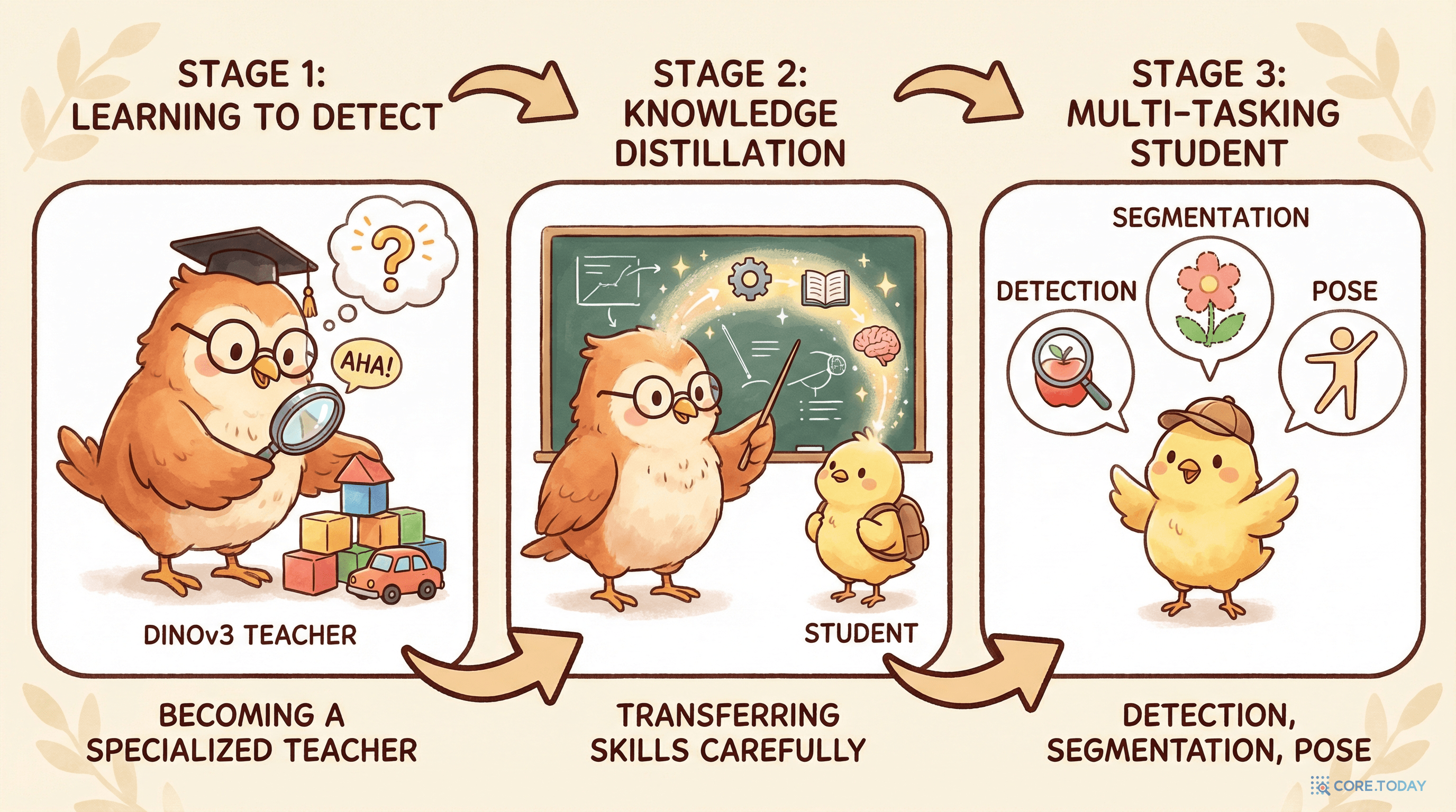 EdgeCrafter의 3단계 파이프라인: DINOv3를 검출 교사로 변환하고, 소형 ECViT 학생에게 증류한 뒤, 검출·분할·포즈에 적용한다