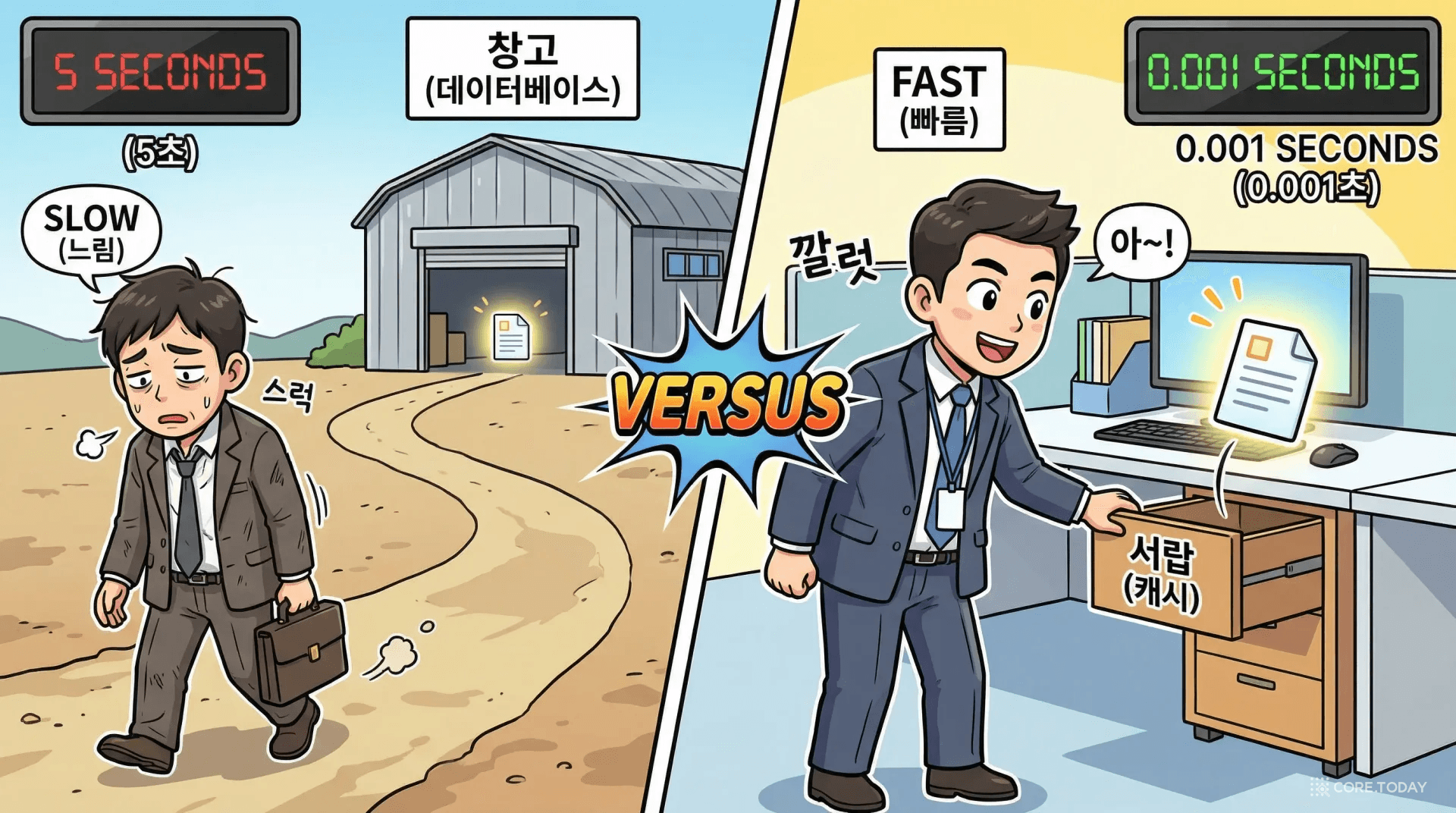 사무실에서 먼 창고까지 걸어가는 것과 바로 옆 서랍에서 꺼내는 것의 속도 차이를 비교하는 캐시 개념 일러스트