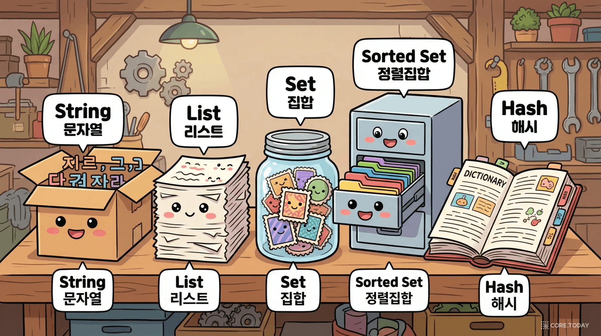 String, List, Set, Sorted Set, Hash 등 Redis 자료구조를 각기 다른 모양의 귀여운 컨테이너로 표현한 일러스트