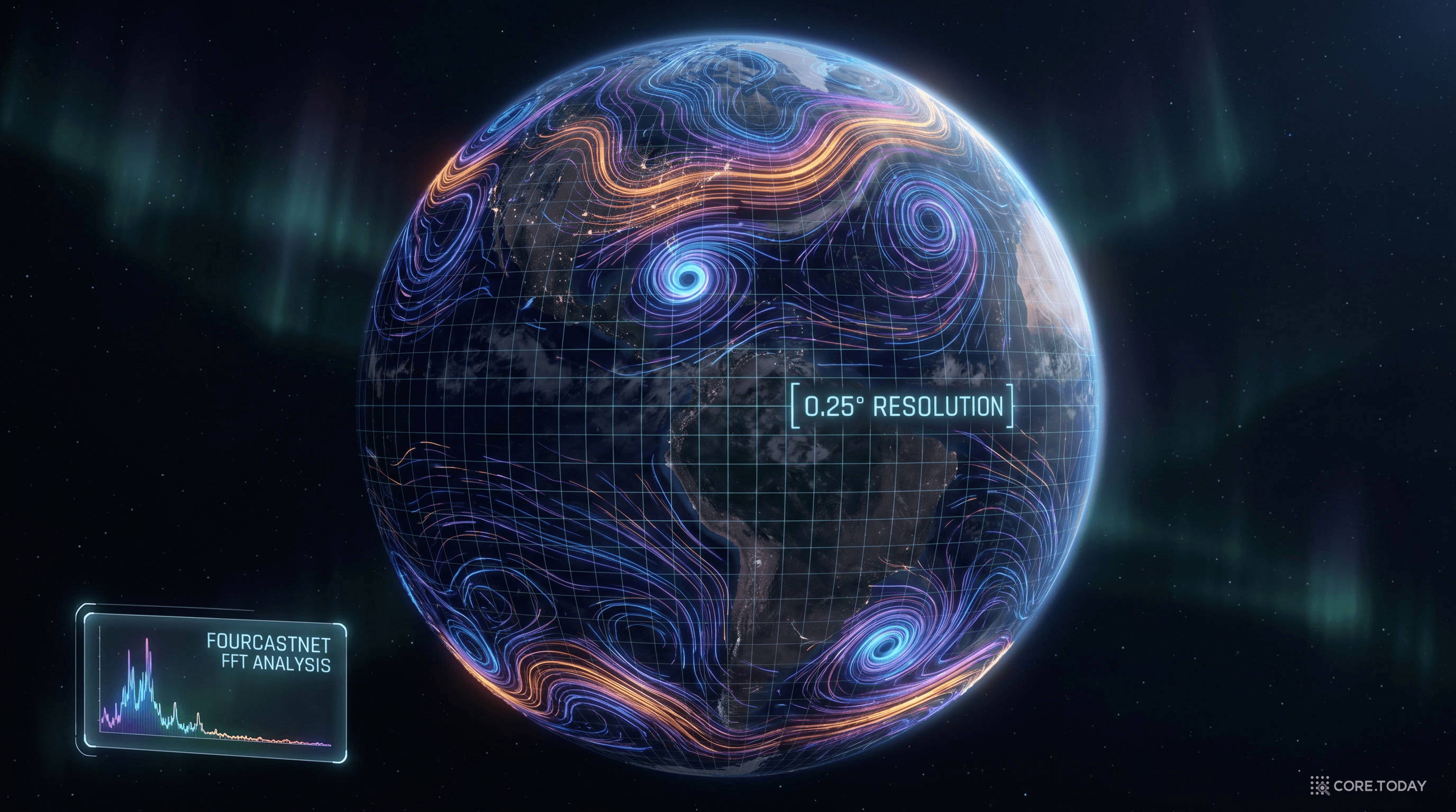 FourCastNet이 예측하는 글로벌 대기 흐름 — 지구 전체의 기상 패턴을 수초 만에 시뮬레이션한다