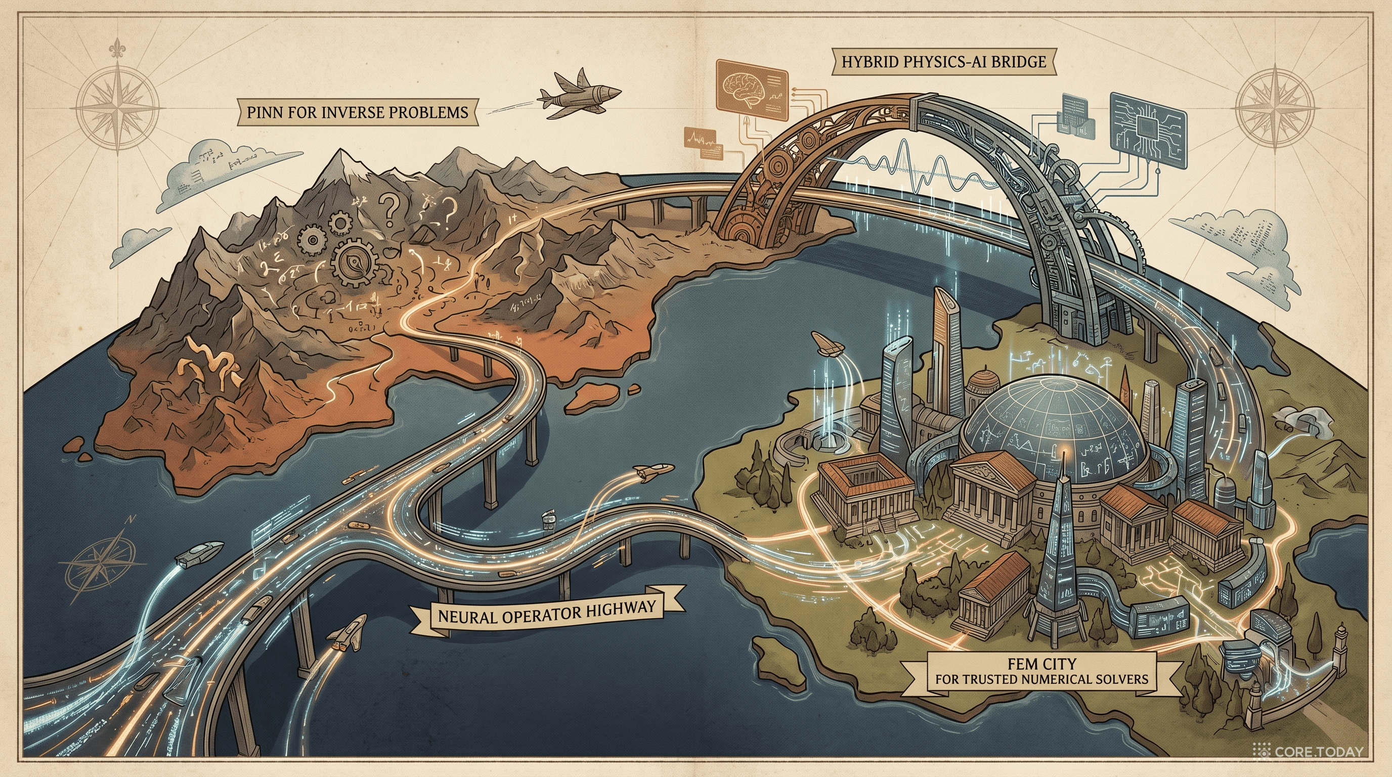 2026 scientific ML 풍경 속에서 PINN, neural operator, FEM, hybrid solver가 각자 다른 역할을 맡는 지도를 그린 에디토리얼 일러스트