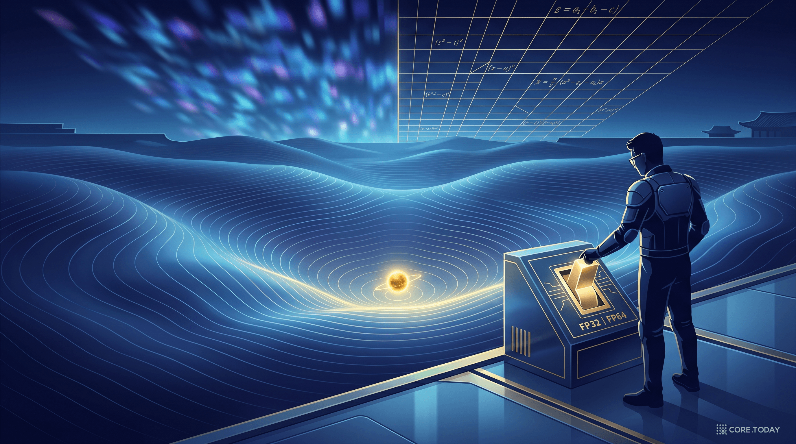 정밀도 스위치를 FP32에서 FP64로 올리는 순간, 안개 속에 가려진 PDE 해가 또렷해지는 과학 AI 편집 일러스트