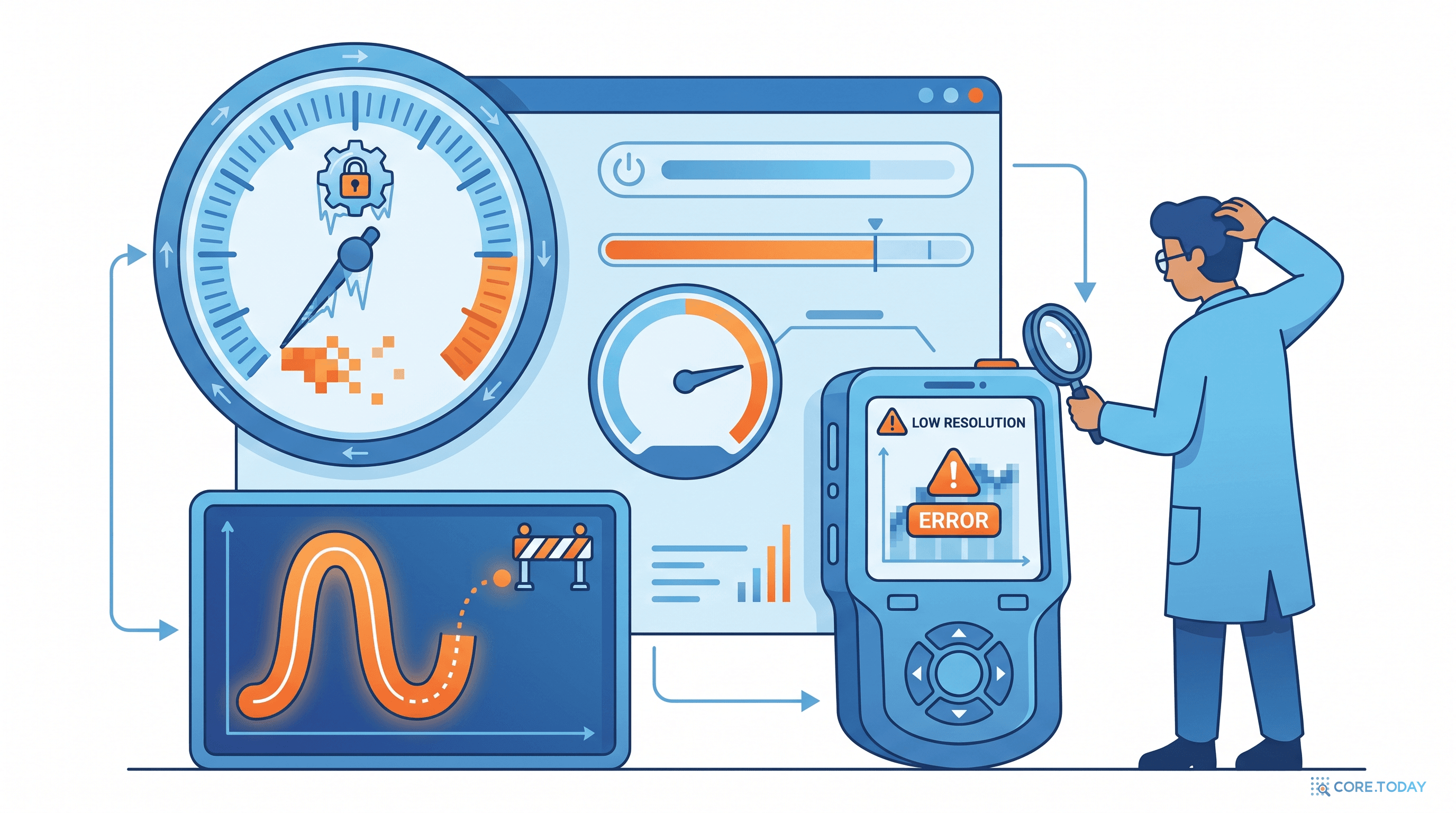 미세한 업데이트가 계기판 분해능 아래로 사라져 FP32 학습이 멈추는 장면을 그린 카툰 스타일 과학 일러스트