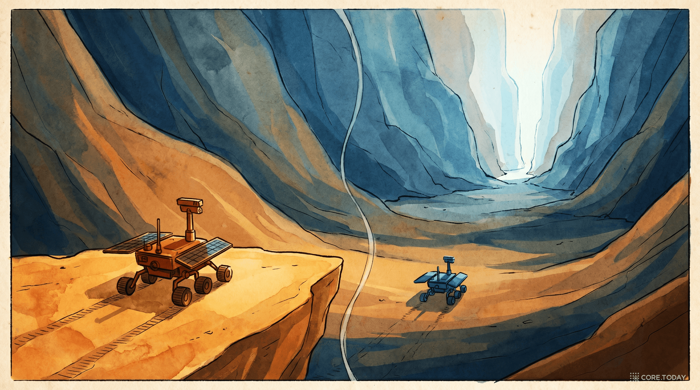 넓고 평평한 손실 평원 위에서 FP32 탐사선은 멈추고, FP64 탐사선은 좁은 성공 지점까지 더 전진하는 same-basin 비유 일러스트