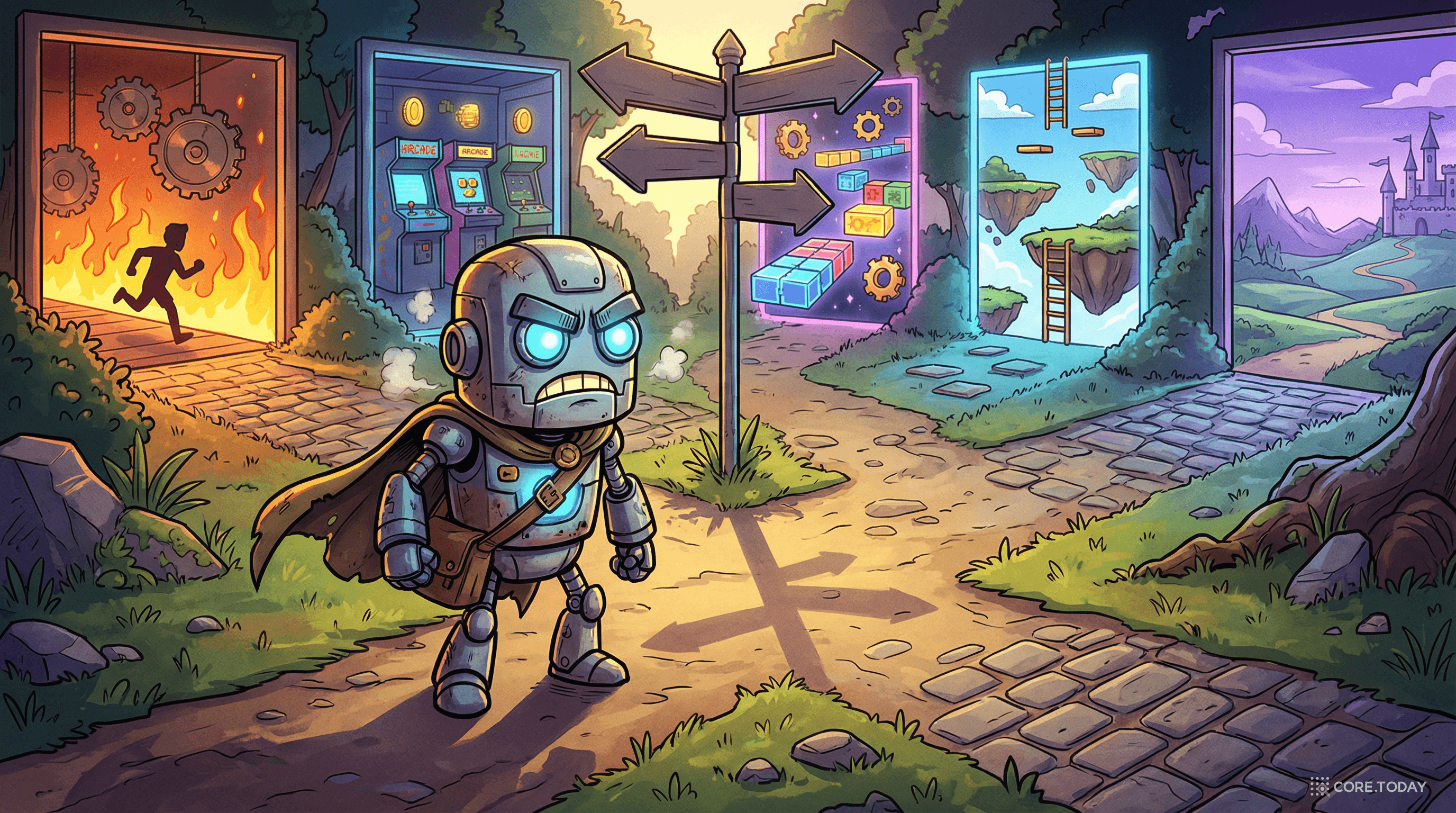 로봇이 다섯 갈래 길 앞에서 고민하는 모습