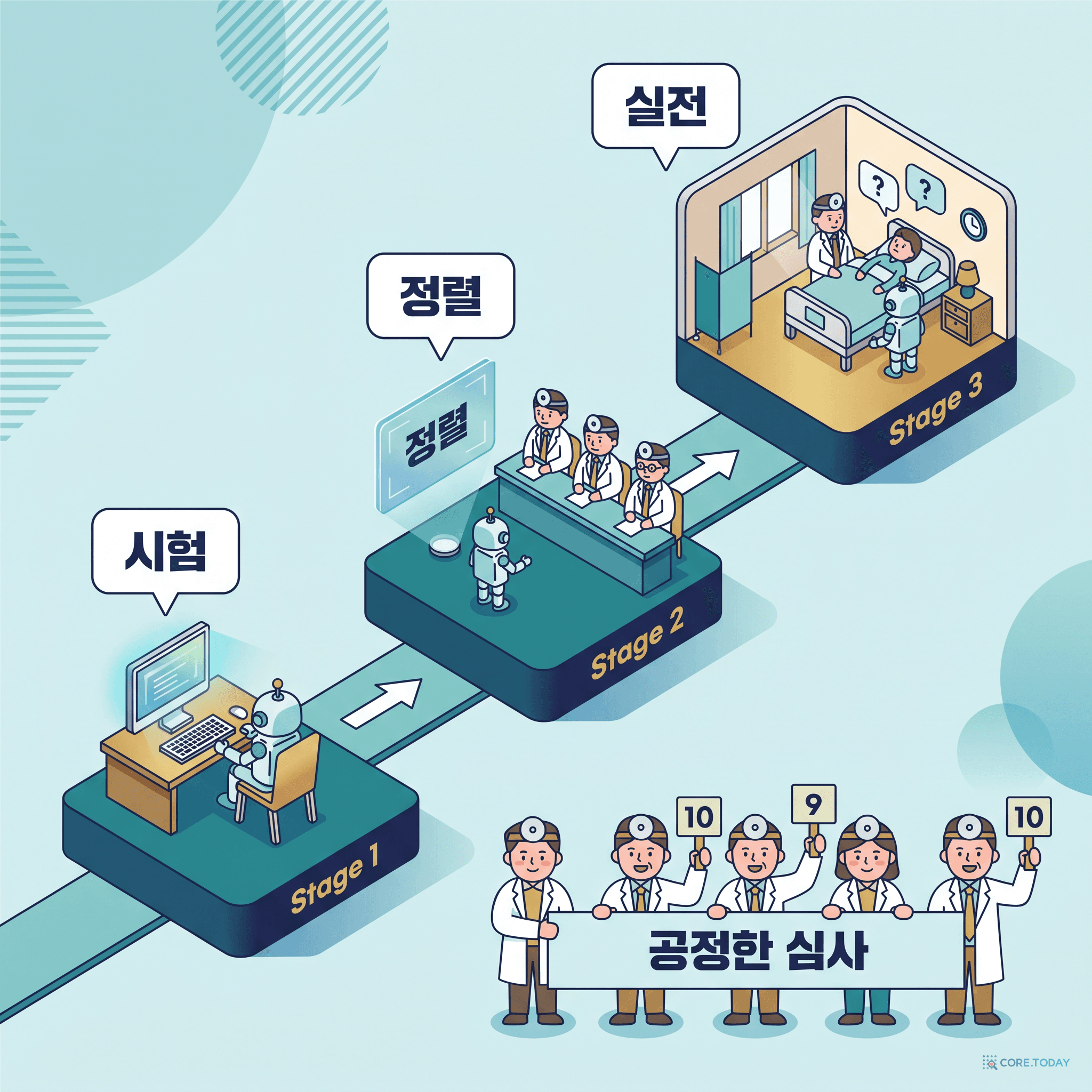 3단계 평가 아레나 — MedQA 시험장, HealthBench 정렬 무대, RCQ 실전 병동, 그리고 눈을 가린 12명의 의사 심판