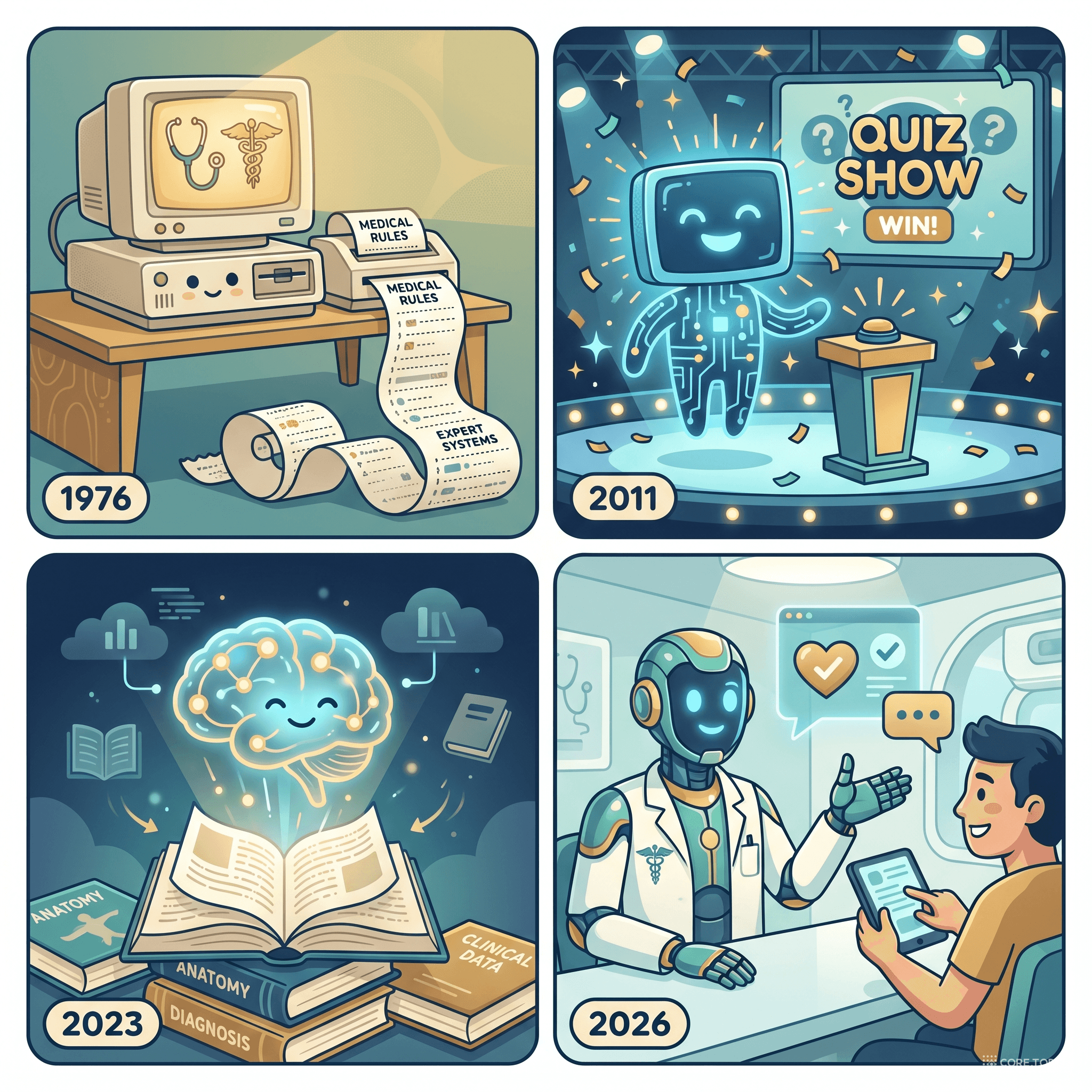 의료 AI의 역사 4컷 웹툰 — 1976 MYCIN, 2011 IBM Watson, 2023 Med-PaLM, 2026 범용 LLM 의사