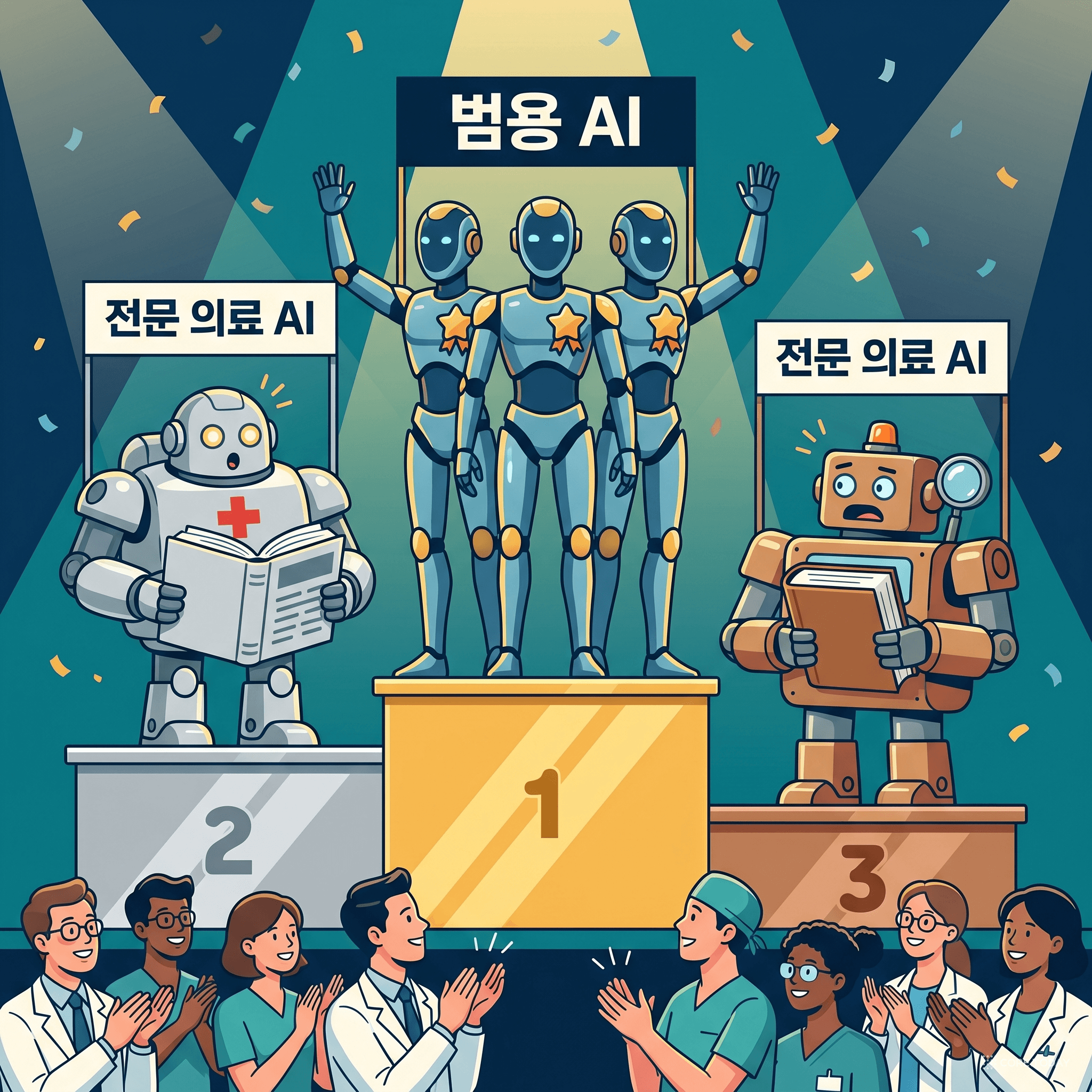 결과 시상식 — 범용 AI들이 금메달 단상에, 전문 의료 AI들이 은·동 단상에서 놀란 표정으로 서 있다