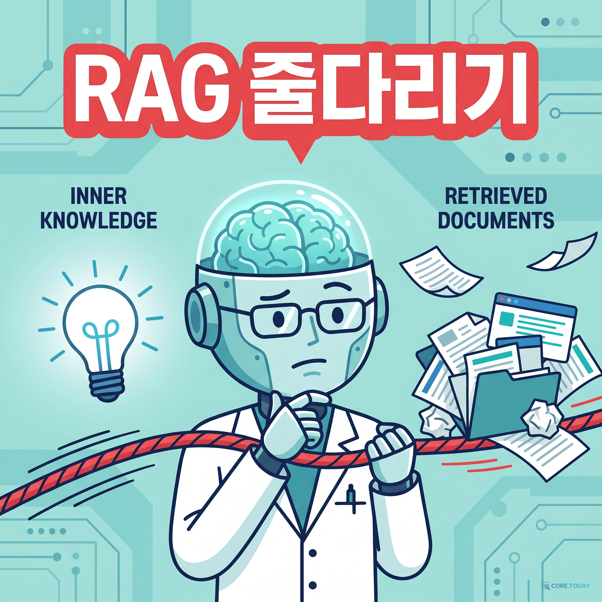 RAG 줄다리기 — AI 의사의 머릿속에서 내부 지식(전구)과 산만한 검색 문서 더미가 반대 방향으로 줄을 당긴다