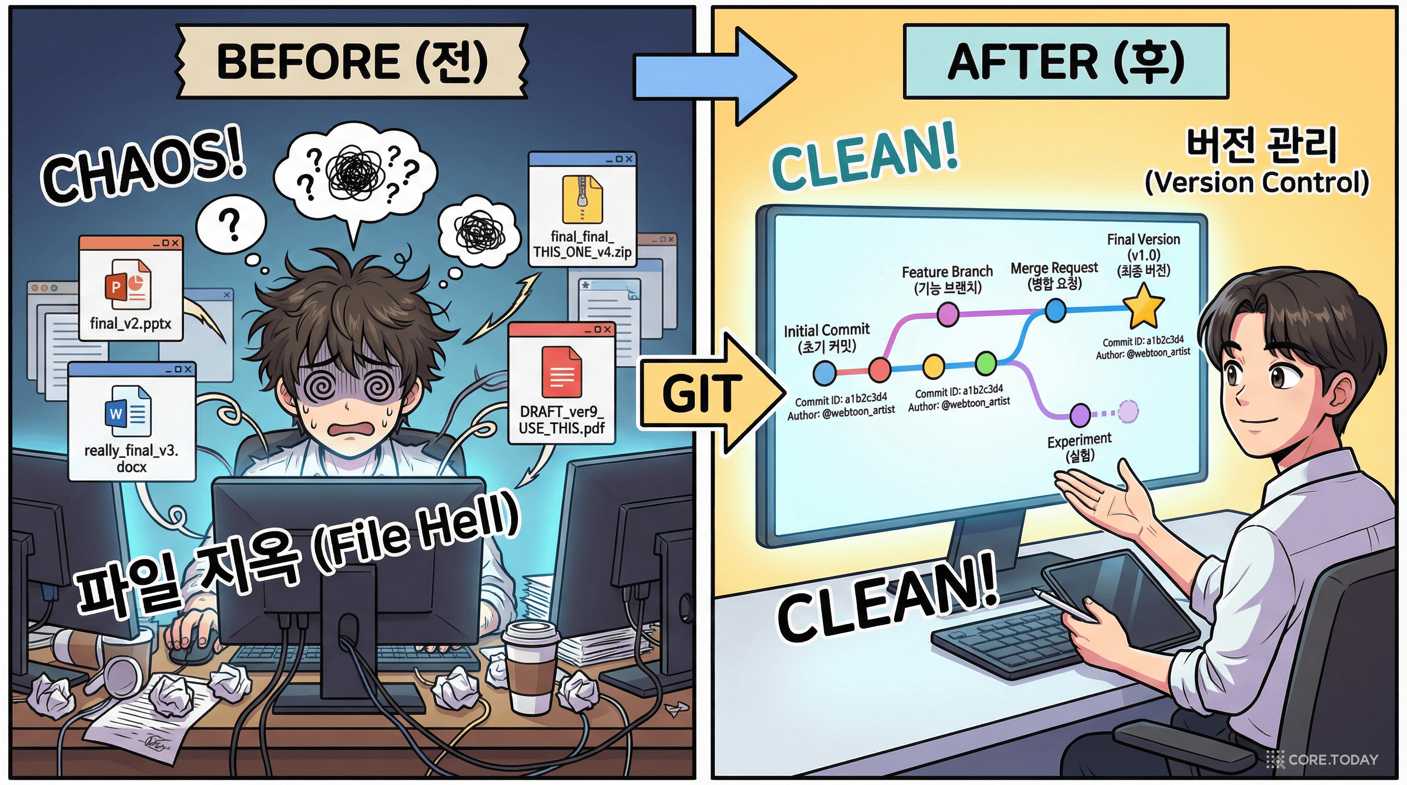 final_v2_진짜최종 파일 혼란 vs 깔끔한 Git 브랜치 비교
