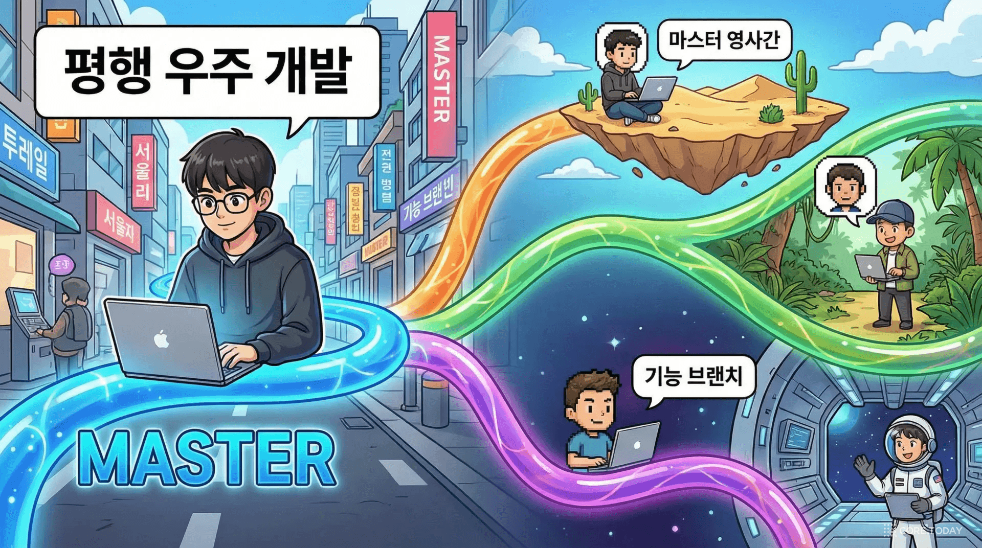 Git 브랜치를 평행 우주에 비유한 일러스트 — 메인 타임라인에서 분기된 피처 브랜치들이 각자 다른 차원에서 작업하다 합쳐지는 모습