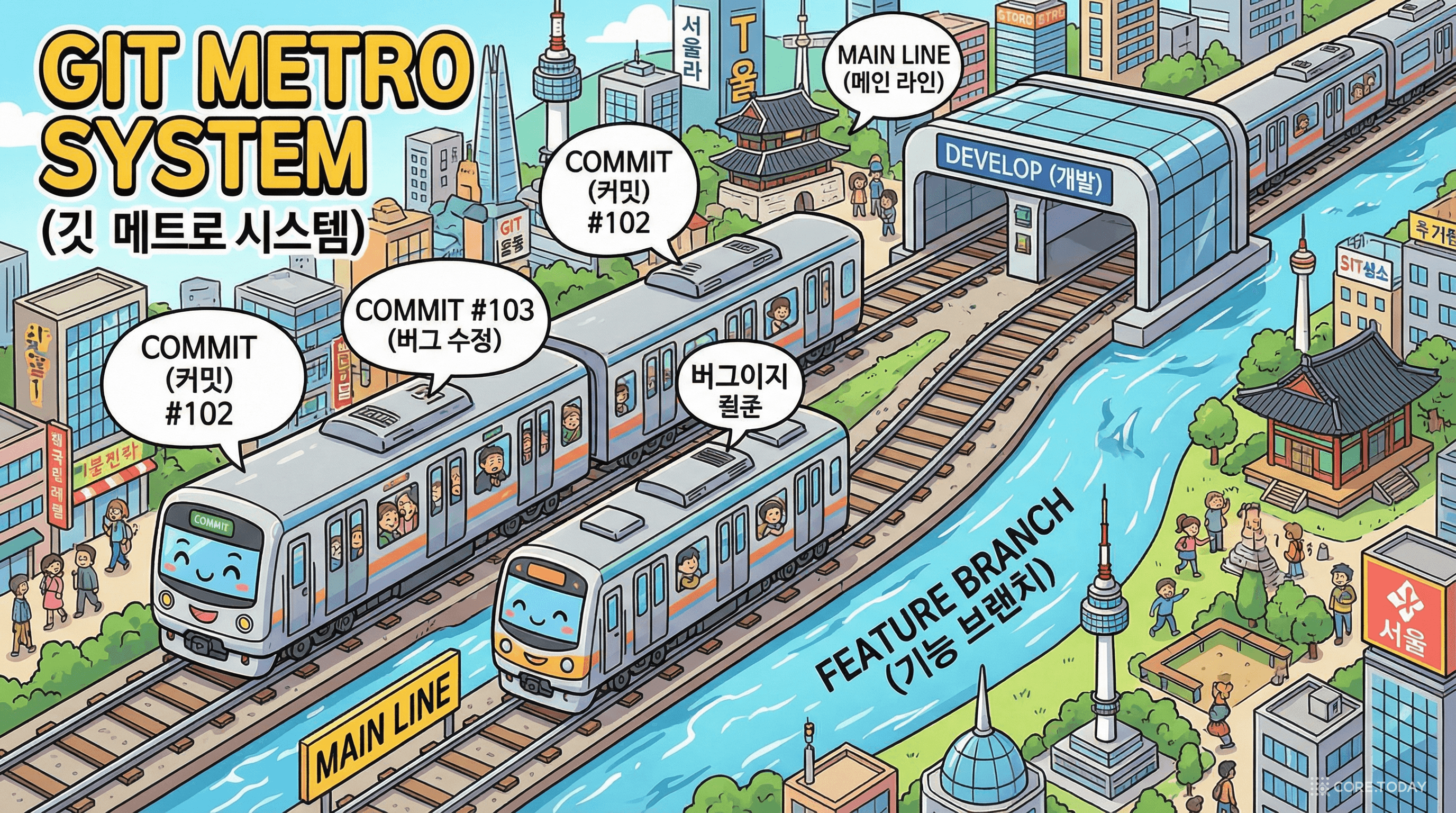 Git 브랜치를 지하철 노선도처럼 표현한 병렬 트랙