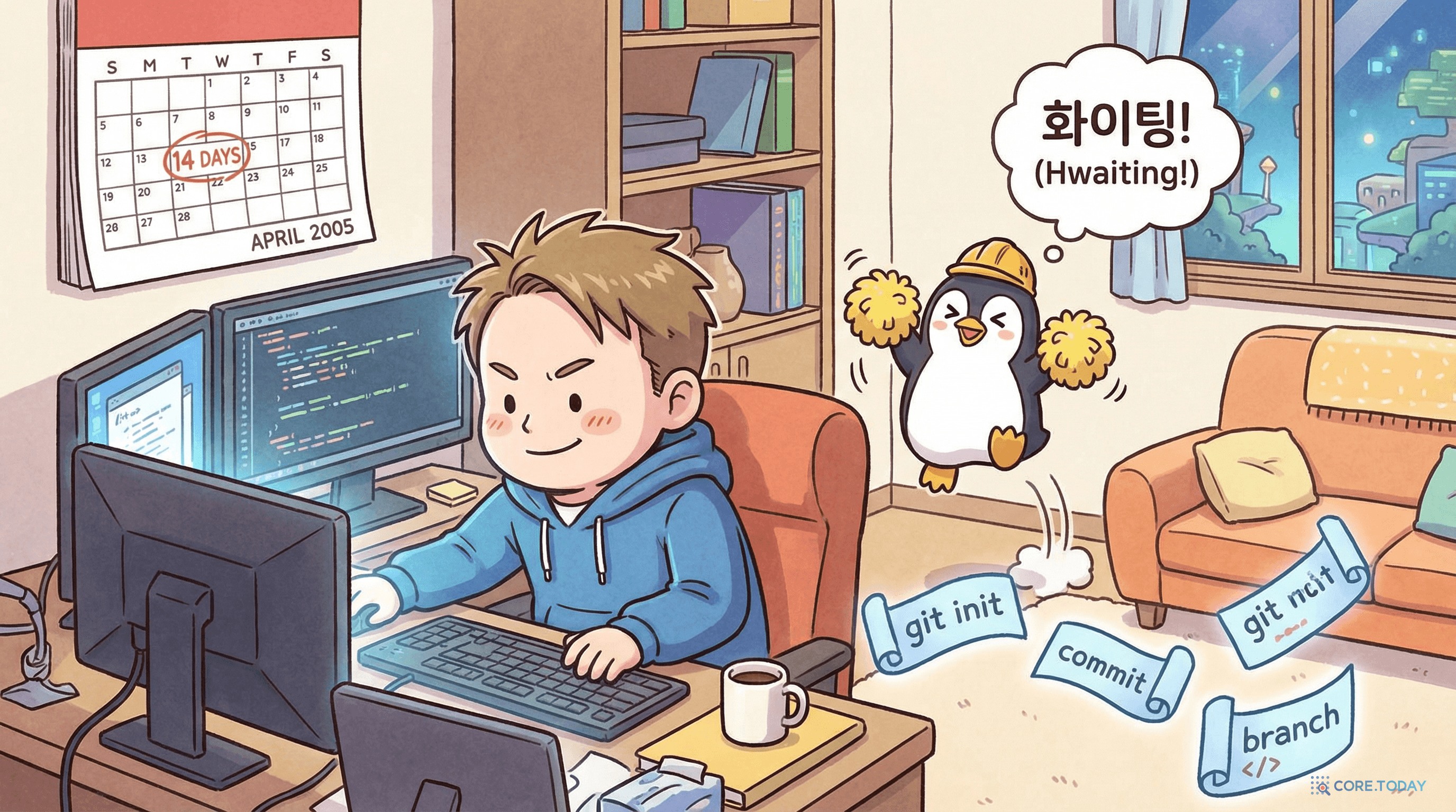 2주 만에 Git을 만든 리누스 토르발스와 응원하는 펭귄