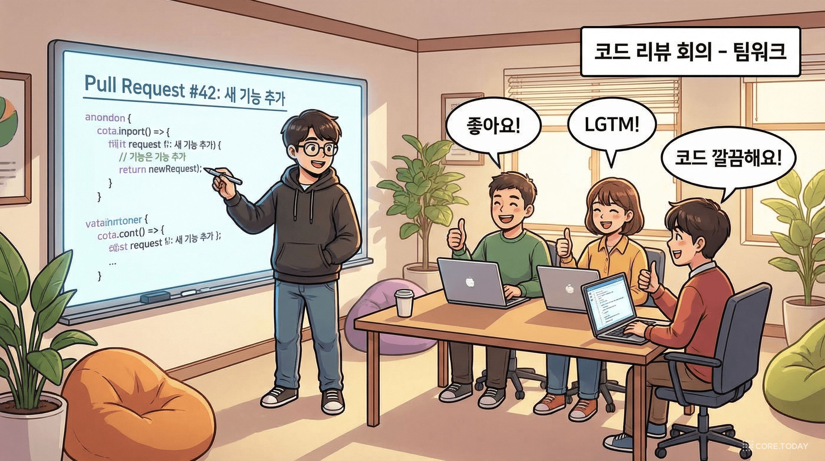 개발자들이 둥근 테이블에서 코드 리뷰하는 협업 장면