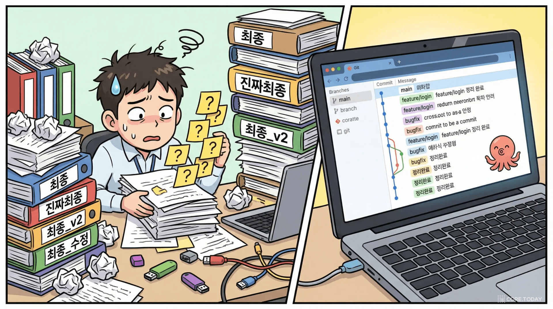 버전 관리 없는 혼돈을 보여주는 일러스트 — 최종_진짜최종_v2 파일들로 뒤덮인 어지러운 한국 사무실 책상