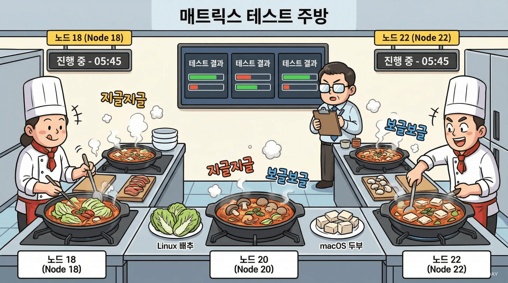 매트릭스 테스트를 병렬 요리 스테이션으로 표현한 일러스트