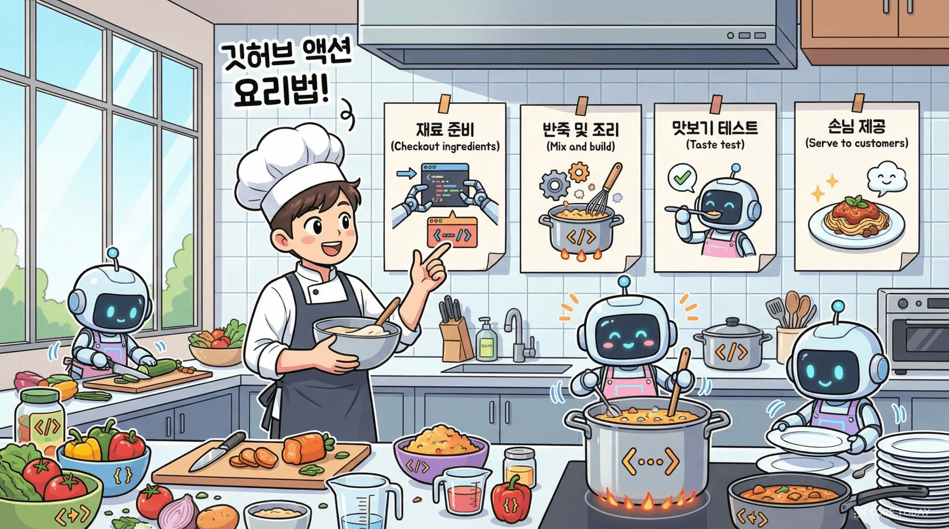 GitHub Actions 워크플로우를 요리 레시피 단계로 표현한 일러스트