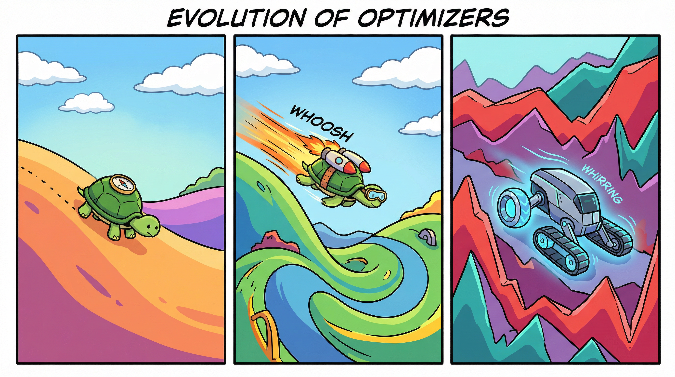 옵티마이저의 진화: 느린 거북이(GD) → 로켓 부스터 거북이(모멘텀) → 적응형 로봇(Adam)