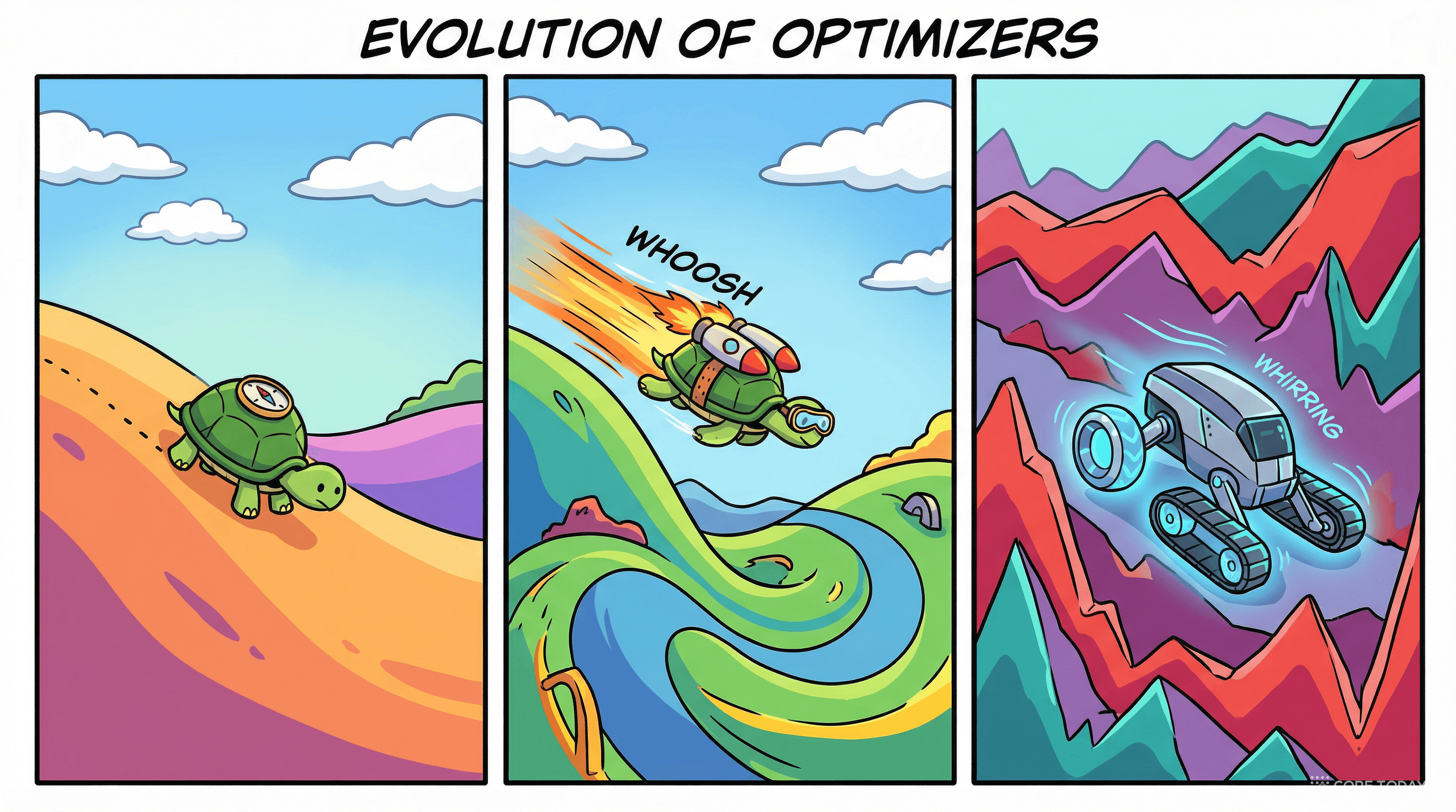 옵티마이저의 진화: 느린 거북이(GD) → 로켓 부스터 거북이(모멘텀) → 적응형 로봇(Adam)