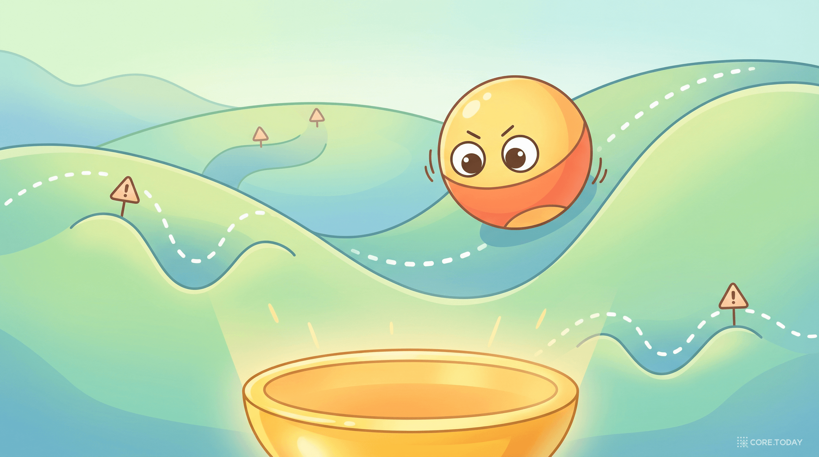 언덕과 골짜기로 이루어진 지형 위에서 가장 깊은 골짜기를 향해 굴러가는 귀여운 공 캐릭터